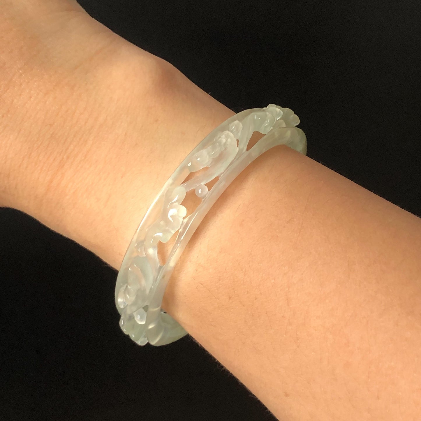 Custom Size 50-65mm! Xiu Jade Sea Wave Hand Carved Bangle: Certified Natural Serpentine Ice White  Jade handcrafted Bracelet 3D stone carving hollow out carving Accept Customized order tailor-made bangle customized gift for her custom size bangle natural jade with certificate bracelet certified white jade carving hand engraved jewelry carving personalized gift make to order antique bracelet chinese untreated jade with certificate birthday gift good fortune icy jade
