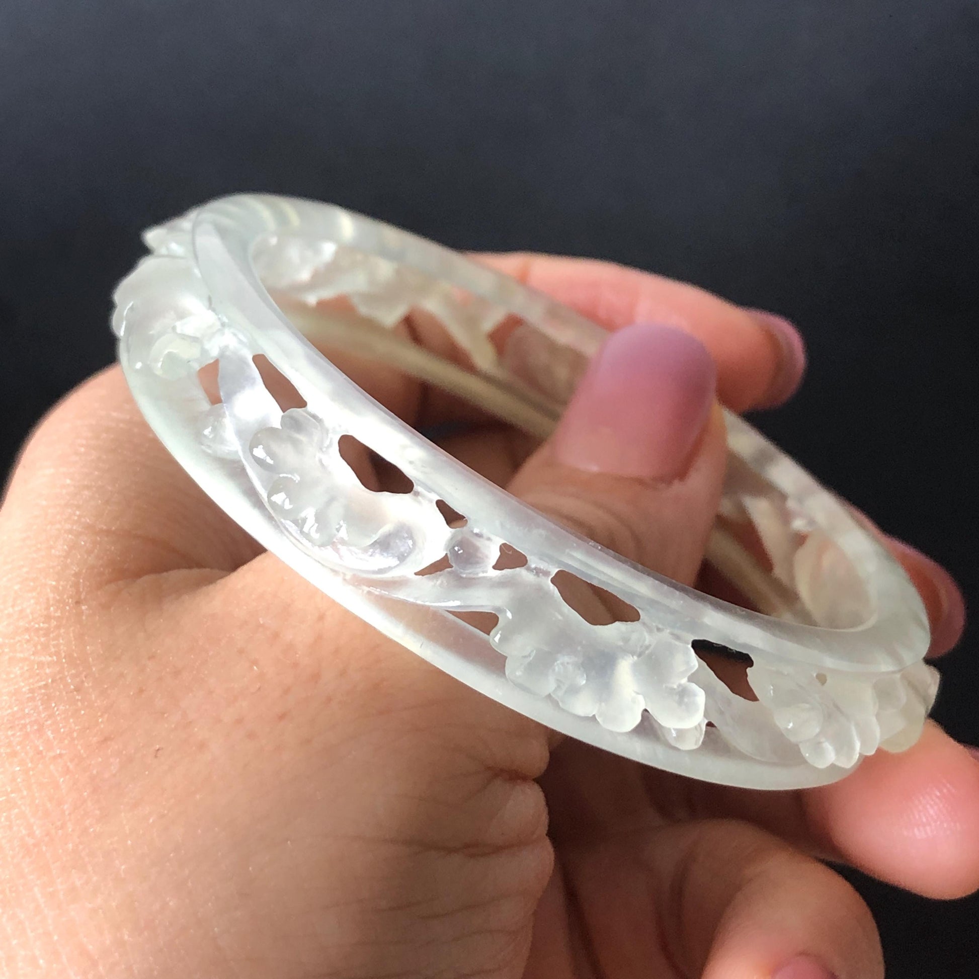 Custom Size 50-65mm! Xiu Jade Sea Wave Hand Carved Bangle: Certified Natural Serpentine Ice White  Jade handcrafted Bracelet 3D stone carving hollow out carving Accept Customized order tailor-made bangle customized gift for her custom size bangle natural jade with certificate bracelet certified white jade carving hand engraved jewelry carving personalized gift make to order antique bracelet chinese untreated jade with certificate birthday gift good fortune icy jade