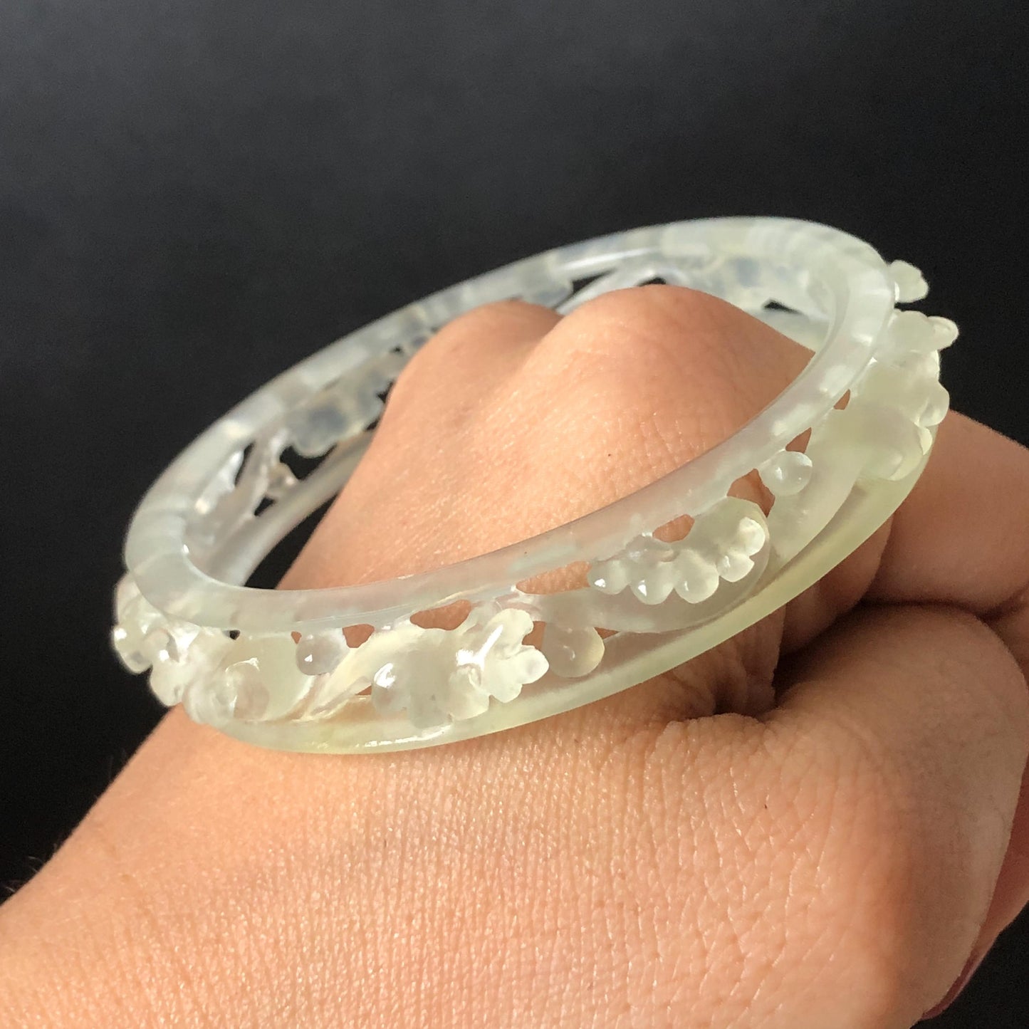 Custom Size 50-65mm! Xiu Jade Sea Wave Hand Carved Bangle: Certified Natural Serpentine Ice White  Jade handcrafted Bracelet 3D stone carving hollow out carving Accept Customized order tailor-made bangle customized gift for her custom size bangle natural jade with certificate bracelet certified white jade carving hand engraved jewelry carving personalized gift make to order antique bracelet chinese untreated jade with certificate birthday gift good fortune icy jade