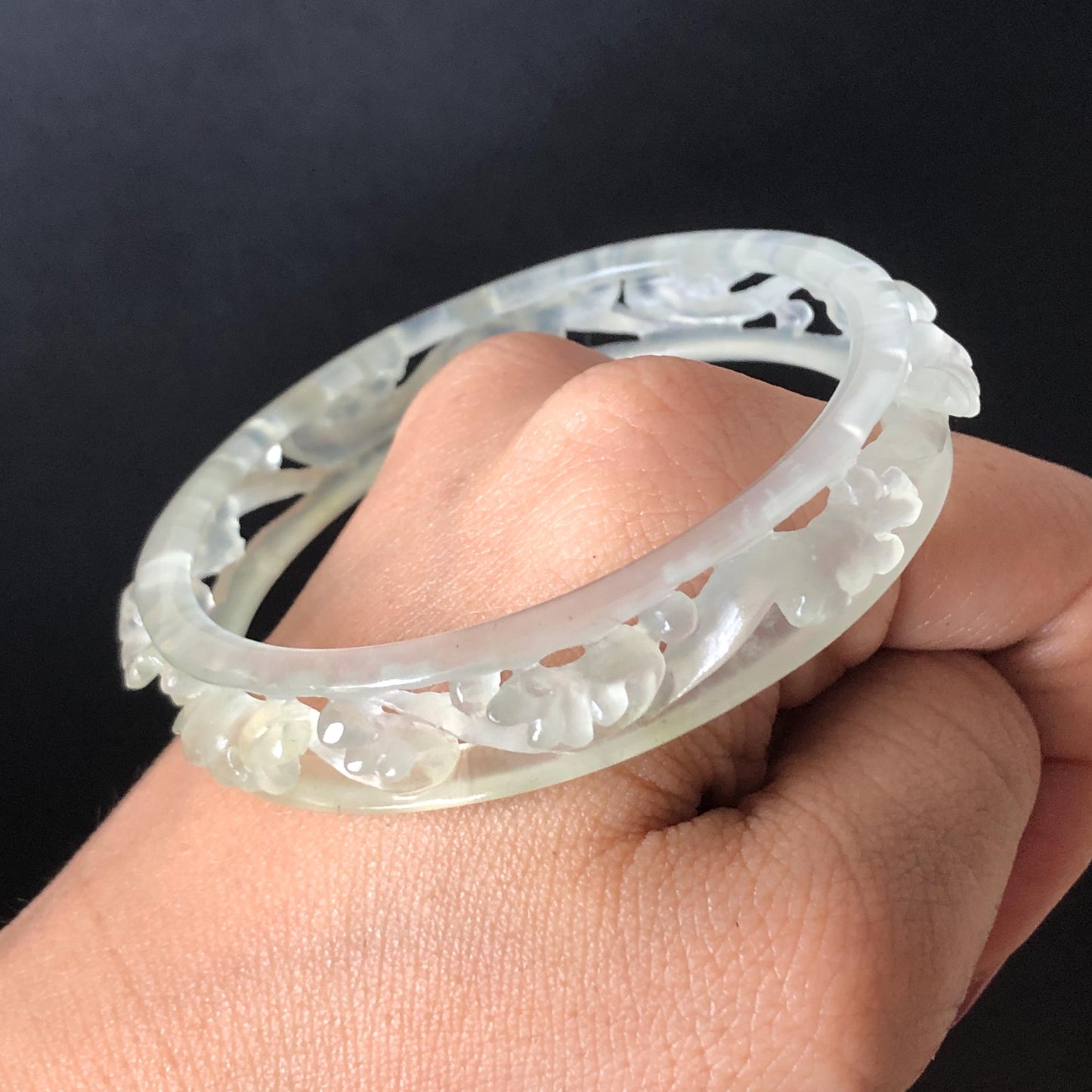 Custom Size 50-65mm! Xiu Jade Sea Wave Hand Carved Bangle: Certified Natural Serpentine Ice White  Jade handcrafted Bracelet 3D stone carving hollow out carving Accept Customized order tailor-made bangle customized gift for her custom size bangle natural jade with certificate bracelet certified white jade carving hand engraved jewelry carving personalized gift make to order antique bracelet chinese untreated jade with certificate birthday gift good fortune icy jade