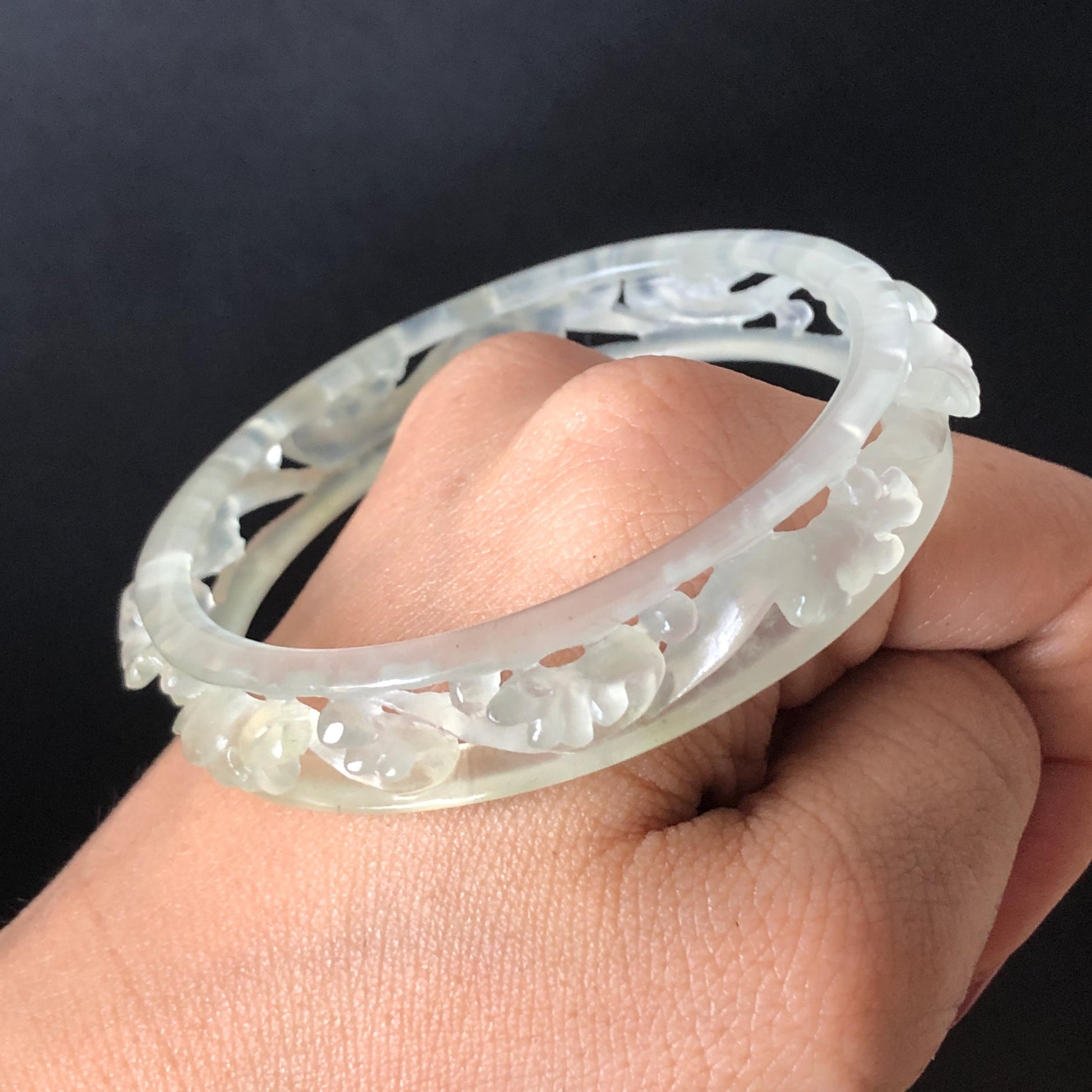 Custom Size 50-65mm! Xiu Jade Sea Wave Hand Carved Bangle: Certified Natural Serpentine Ice White  Jade handcrafted Bracelet 3D stone carving hollow out carving Accept Customized order tailor-made bangle customized gift for her custom size bangle natural jade with certificate bracelet certified white jade carving hand engraved jewelry carving personalized gift make to order antique bracelet chinese untreated jade with certificate birthday gift good fortune icy jade