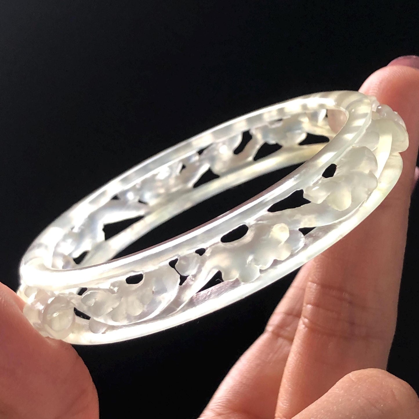 Custom Size 50-65mm! Xiu Jade Sea Wave Hand Carved Bangle: Certified Natural Serpentine Ice White  Jade handcrafted Bracelet 3D stone carving hollow out carving Accept Customized order tailor-made bangle customized gift for her custom size bangle natural jade with certificate bracelet certified white jade carving hand engraved jewelry carving personalized gift make to order antique bracelet chinese untreated jade with certificate birthday gift good fortune icy jade
