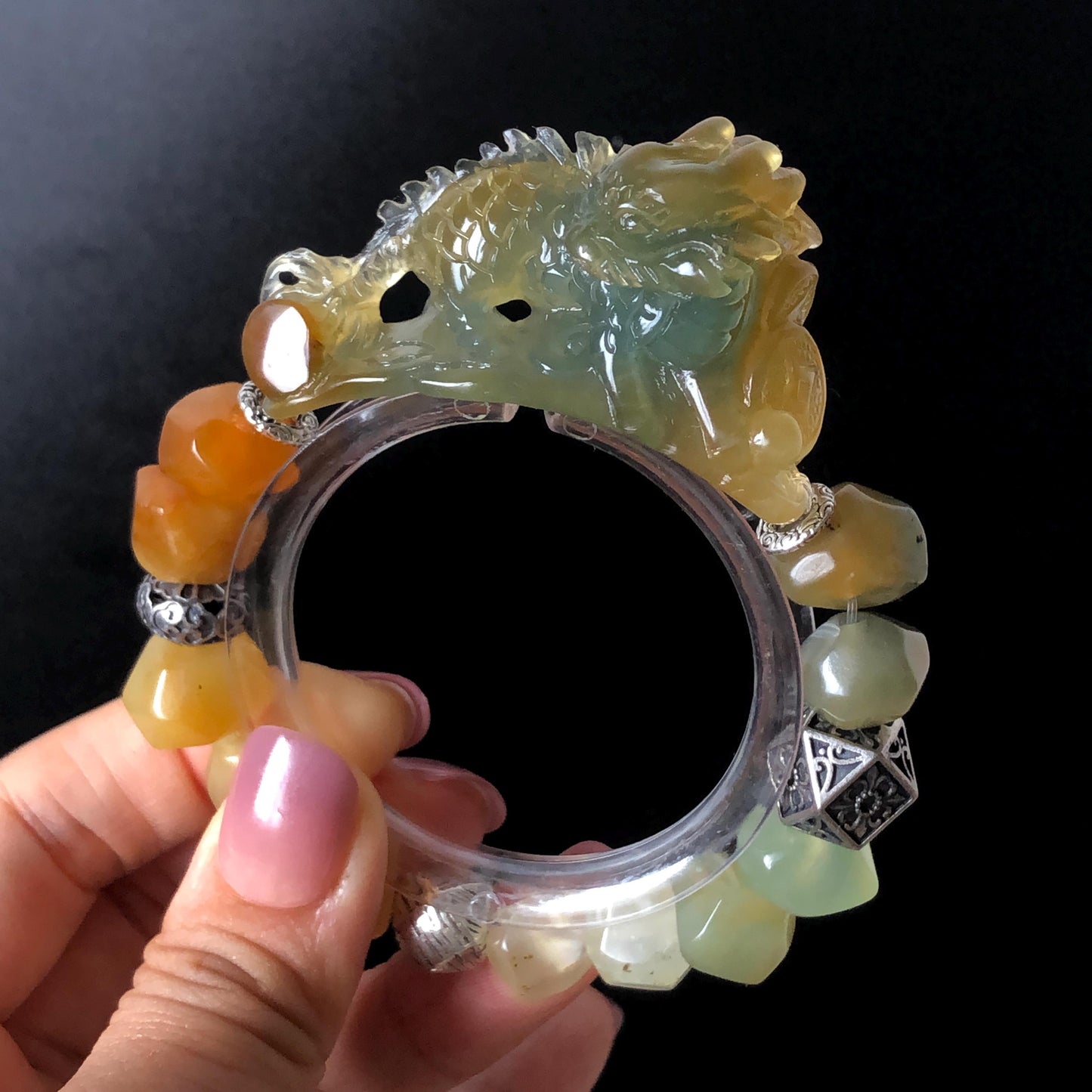 Xiu Jade Qilin Kirin Hand Carved Charm with Irregular Bead Bracelet: Natural Serpentine Multicolor Green Yellow Red Stone Bracelet with Vintage Tibetan SilverAccessory | Crystal Stone Gemstone Personalized Gift for her Multi-coloured Jade customised bracelet hand engraved jade bracelet carved charm carved pendant Kirin carving Qilin bracelet yellow jade red jade green jade bracelet tailor made bracelet personalised diy bracelet untreated jade elastic stretch bracelet Kirin lover gift