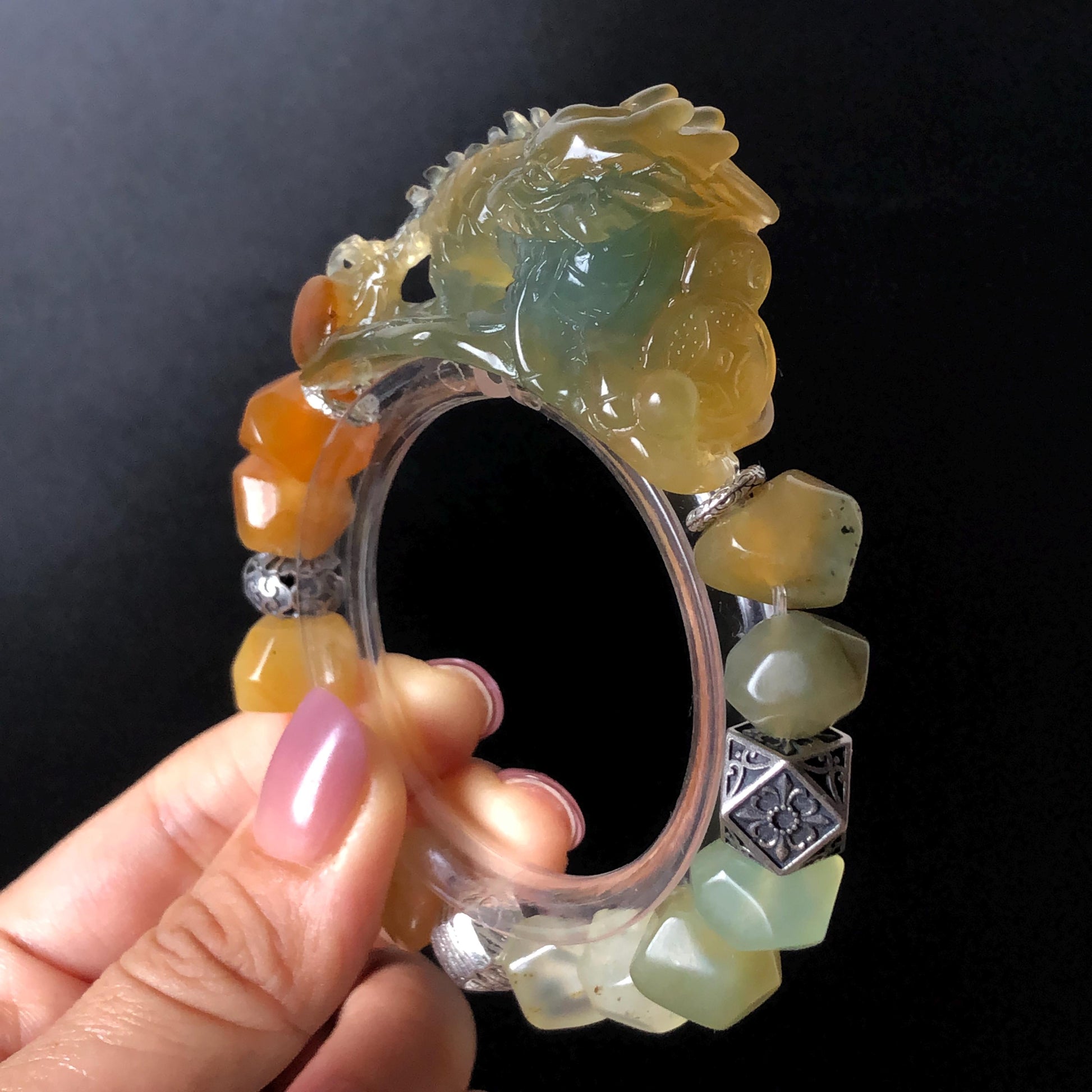 Xiu Jade Qilin Kirin Hand Carved Charm with Irregular Bead Bracelet: Natural Serpentine Multicolor Green Yellow Red Stone Bracelet with Vintage Tibetan SilverAccessory | Crystal Stone Gemstone Personalized Gift for her Multi-coloured Jade customised bracelet hand engraved jade bracelet carved charm carved pendant Kirin carving Qilin bracelet yellow jade red jade green jade bracelet tailor made bracelet personalised diy bracelet untreated jade elastic stretch bracelet Kirin lover gift