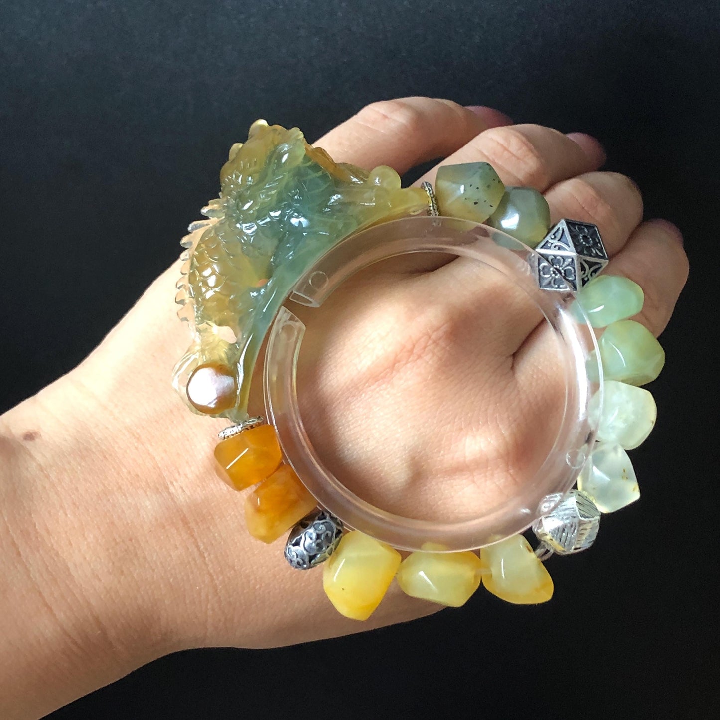 Xiu Jade Qilin Kirin Hand Carved Charm with Irregular Bead Bracelet: Natural Serpentine Multicolor Green Yellow Red Stone Bracelet with Vintage Tibetan SilverAccessory | Crystal Stone Gemstone Personalized Gift for her Multi-coloured Jade customised bracelet hand engraved jade bracelet carved charm carved pendant Kirin carving Qilin bracelet yellow jade red jade green jade bracelet tailor made bracelet personalised diy bracelet untreated jade elastic stretch bracelet Kirin lover gift