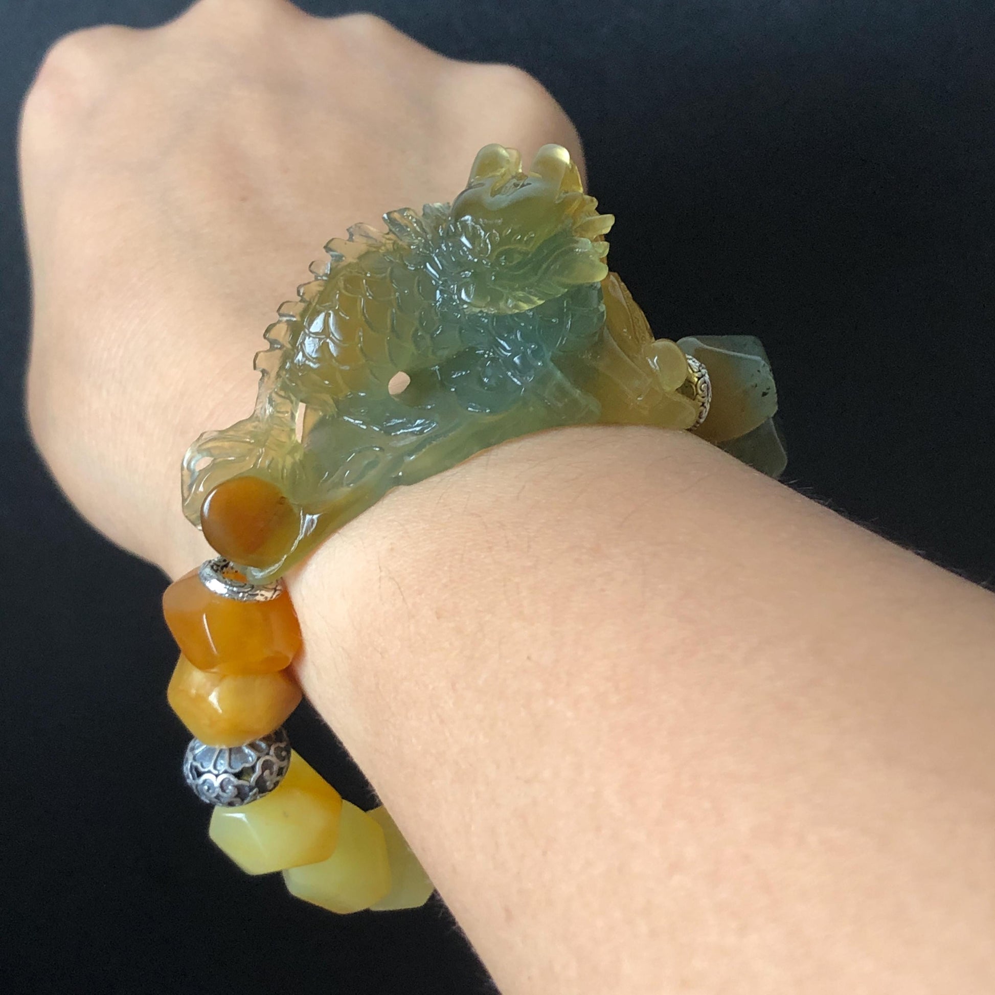 Xiu Jade Qilin Kirin Hand Carved Charm with Irregular Bead Bracelet: Natural Serpentine Multicolor Green Yellow Red Stone Bracelet with Vintage Tibetan SilverAccessory | Crystal Stone Gemstone Personalized Gift for her Multi-coloured Jade customised bracelet hand engraved jade bracelet carved charm carved pendant Kirin carving Qilin bracelet yellow jade red jade green jade bracelet tailor made bracelet personalised diy bracelet untreated jade elastic stretch bracelet Kirin lover gift