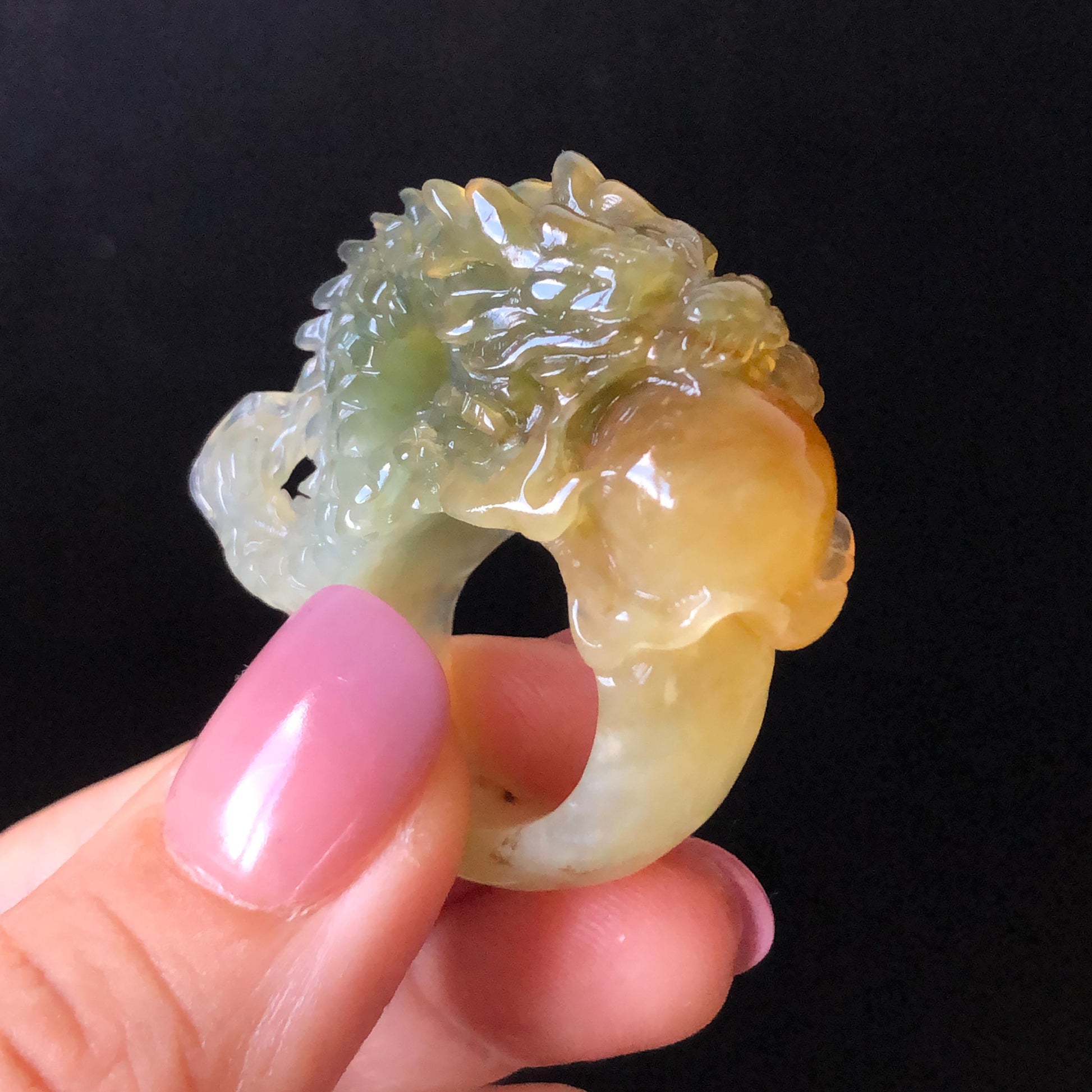 Xiu Jade Hand Carved Spraying Fire Dragon Ring 17.8mm (US 6 3/4) : Natural Serpentine Tri-colour Yellow Green White Jade Statement ring | 3D Stone Carving Band Ring gift for her green jade carving yellow jade white jade multicolour jade dragon carving hand engraved statement ring hand carved flower natural untreated jade handcrafted jade ring hallow out style Gemstone Carving dragon Lover gift jade cocktail ring jade band ring thumb ring handcrafted jade cocktail ring stackable ring women