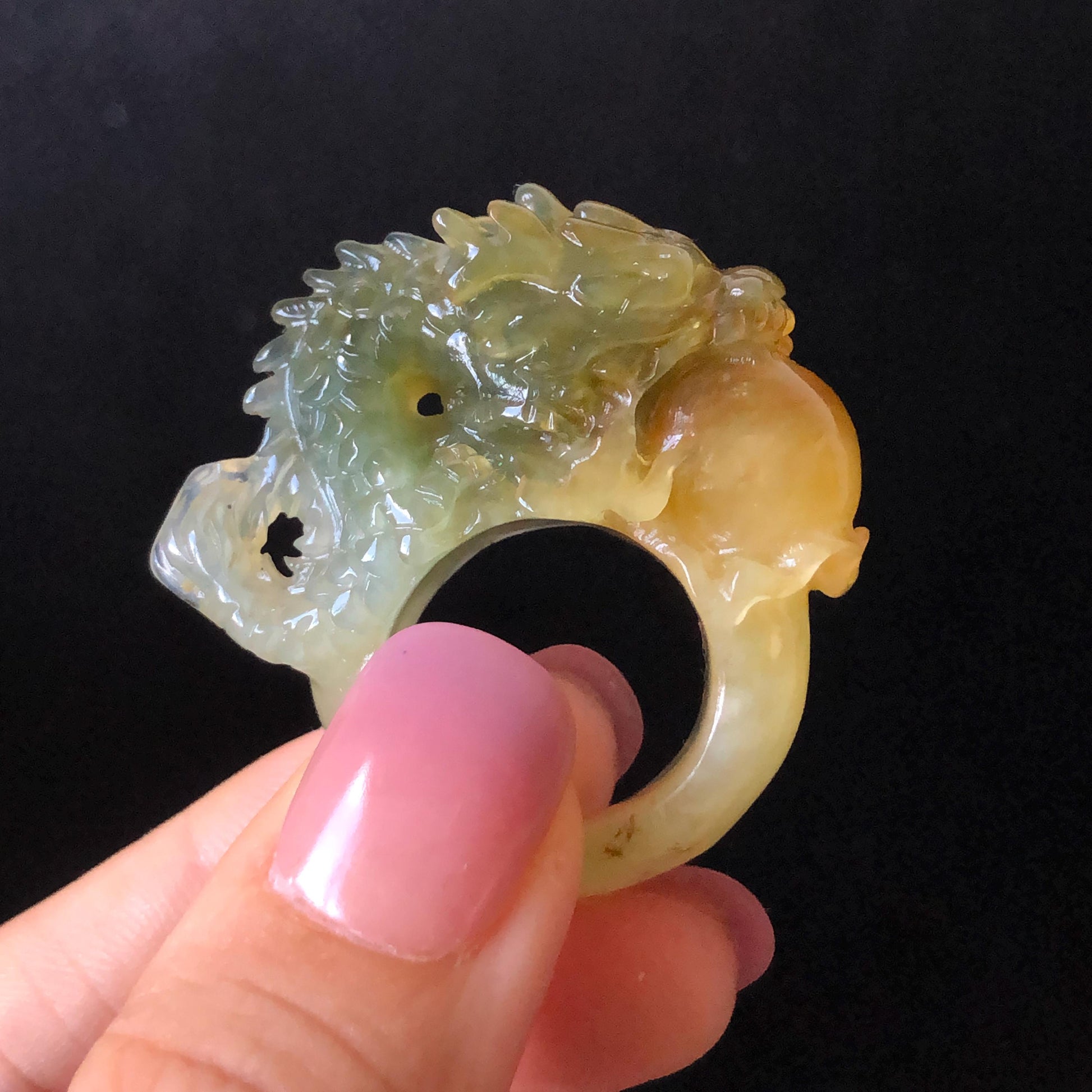 Xiu Jade Hand Carved Spraying Fire Dragon Ring 17.8mm (US 6 3/4) : Natural Serpentine Tri-colour Yellow Green White Jade Statement ring | 3D Stone Carving Band Ring gift for her green jade carving yellow jade white jade multicolour jade dragon carving hand engraved statement ring hand carved flower natural untreated jade handcrafted jade ring hallow out style Gemstone Carving dragon Lover gift jade cocktail ring jade band ring thumb ring handcrafted jade cocktail ring stackable ring women