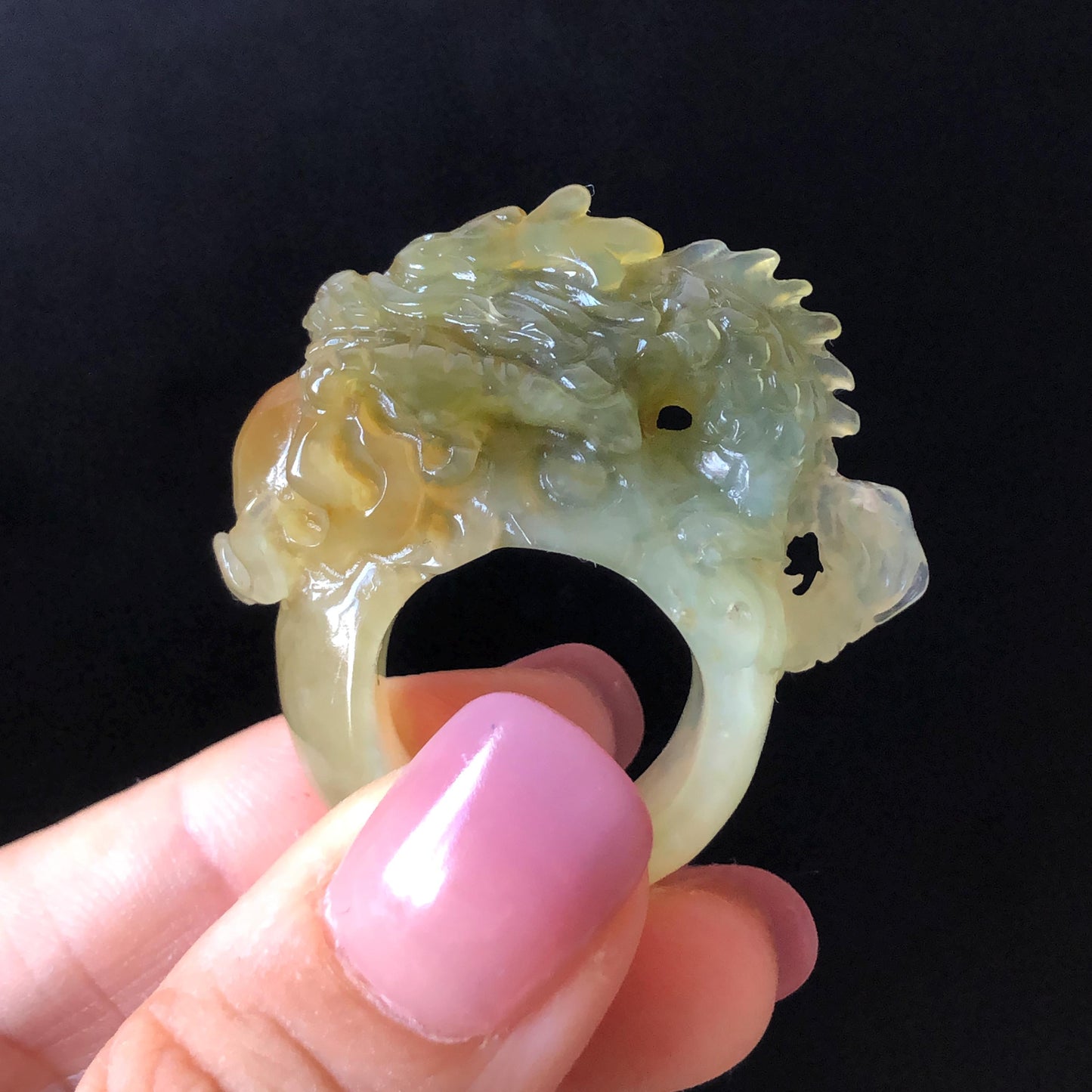 Xiu Jade Hand Carved Spraying Fire Dragon Ring 17.8mm (US 6 3/4) : Natural Serpentine Tri-colour Yellow Green White Jade Statement ring | 3D Stone Carving Band Ring gift for her green jade carving yellow jade white jade multicolour jade dragon carving hand engraved statement ring hand carved flower natural untreated jade handcrafted jade ring hallow out style Gemstone Carving dragon Lover gift jade cocktail ring jade band ring thumb ring handcrafted jade cocktail ring stackable ring women