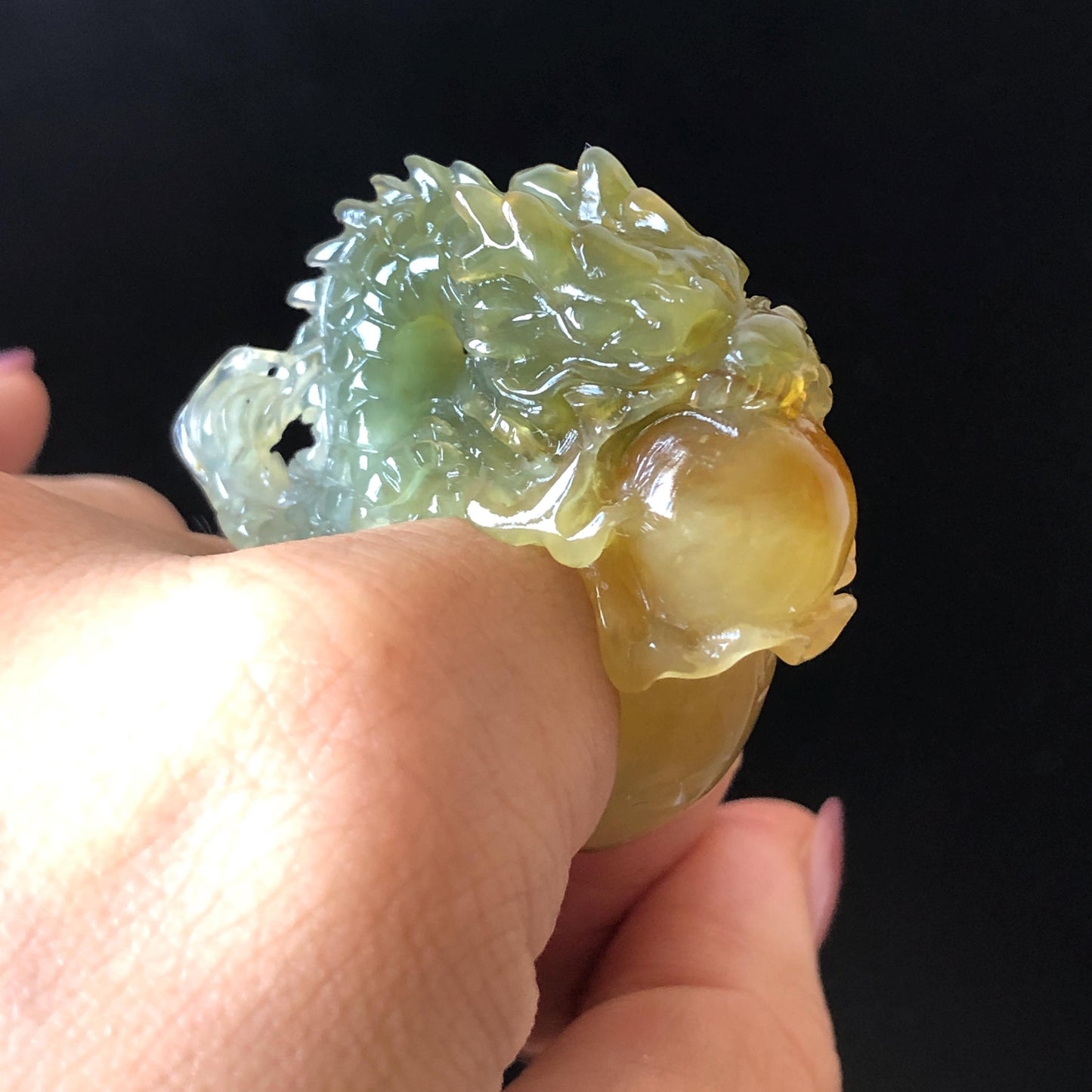 Xiu Jade Hand Carved Spraying Fire Dragon Ring 17.8mm (US 6 3/4) : Natural Serpentine Tri-colour Yellow Green White Jade Statement ring | 3D Stone Carving Band Ring gift for her green jade carving yellow jade white jade multicolour jade dragon carving hand engraved statement ring hand carved flower natural untreated jade handcrafted jade ring hallow out style Gemstone Carving dragon Lover gift jade cocktail ring jade band ring thumb ring handcrafted jade cocktail ring stackable ring women