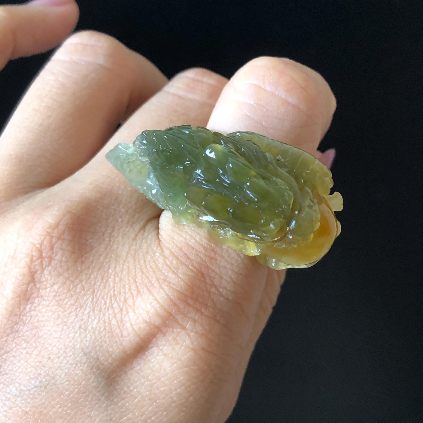 Xiu Jade Hand Carved Spraying Fire Dragon Ring 17.8mm (US 6 3/4) : Natural Serpentine Tri-colour Yellow Green White Jade Statement ring | 3D Stone Carving Band Ring gift for her green jade carving yellow jade white jade multicolour jade dragon carving hand engraved statement ring hand carved flower natural untreated jade handcrafted jade ring hallow out style Gemstone Carving dragon Lover gift jade cocktail ring jade band ring thumb ring handcrafted jade cocktail ring stackable ring women
