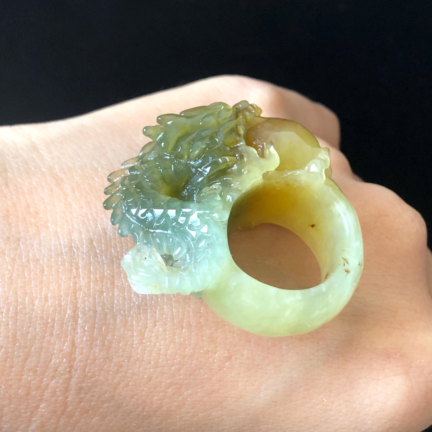 Xiu Jade Hand Carved Spraying Fire Dragon Ring 17.8mm (US 6 3/4) : Natural Serpentine Tri-colour Yellow Green White Jade Statement ring | 3D Stone Carving Band Ring gift for her green jade carving yellow jade white jade multicolour jade dragon carving hand engraved statement ring hand carved flower natural untreated jade handcrafted jade ring hallow out style Gemstone Carving dragon Lover gift jade cocktail ring jade band ring thumb ring handcrafted jade cocktail ring stackable ring women