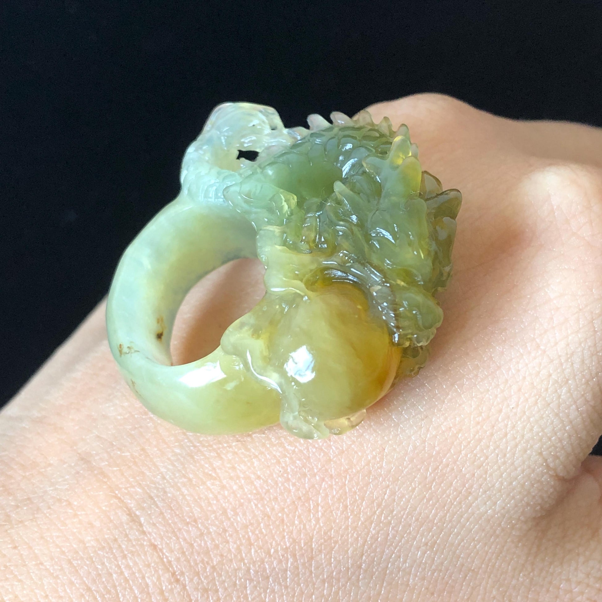 Xiu Jade Hand Carved Spraying Fire Dragon Ring 17.8mm (US 6 3/4) : Natural Serpentine Tri-colour Yellow Green White Jade Statement ring | 3D Stone Carving Band Ring gift for her green jade carving yellow jade white jade multicolour jade dragon carving hand engraved statement ring hand carved flower natural untreated jade handcrafted jade ring hallow out style Gemstone Carving dragon Lover gift jade cocktail ring jade band ring thumb ring handcrafted jade cocktail ring stackable ring women