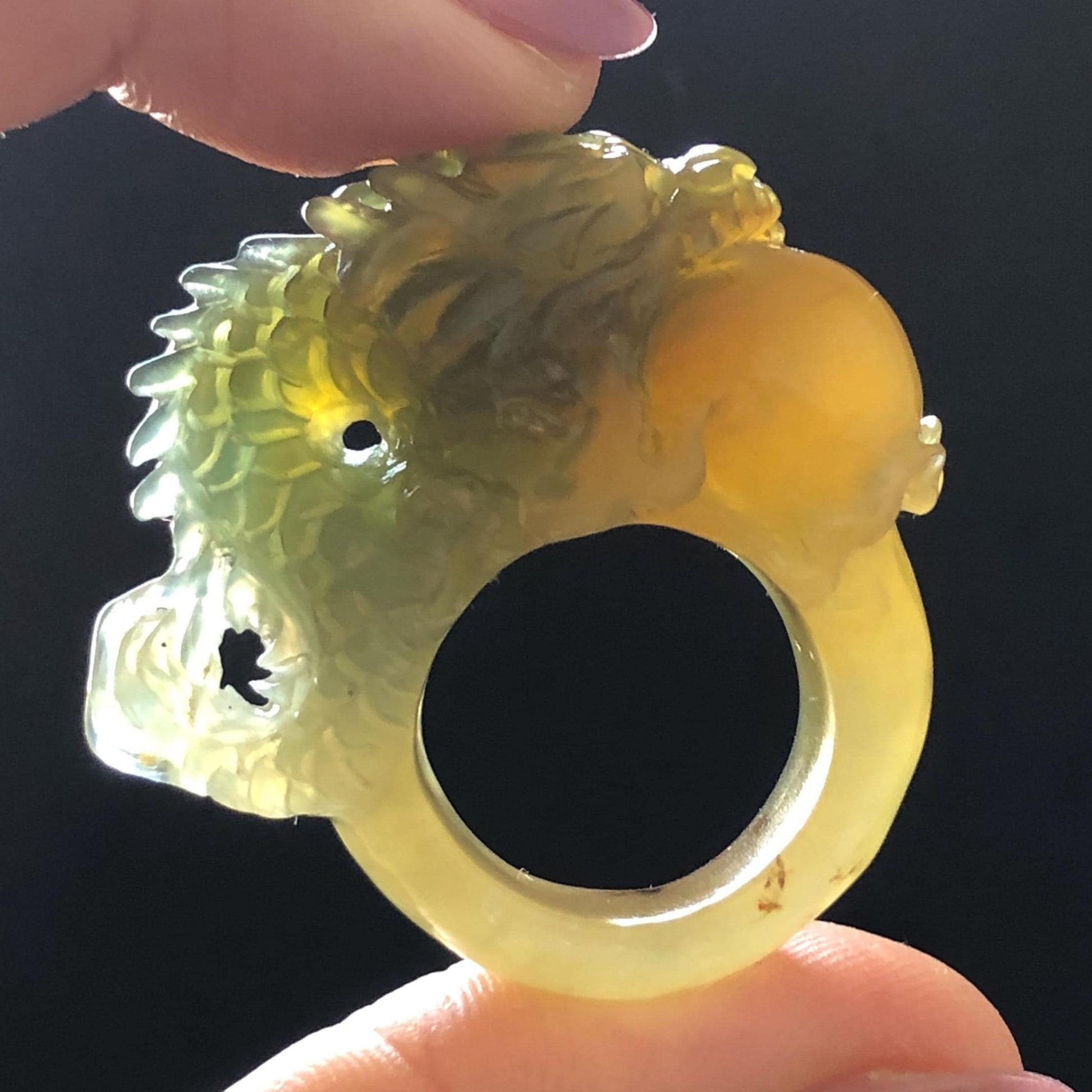 Xiu Jade Hand Carved Spraying Fire Dragon Ring 17.8mm (US 6 3/4) : Natural Serpentine Tri-colour Yellow Green White Jade Statement ring | 3D Stone Carving Band Ring gift for her green jade carving yellow jade white jade multicolour jade dragon carving hand engraved statement ring hand carved flower natural untreated jade handcrafted jade ring hallow out style Gemstone Carving dragon Lover gift jade cocktail ring jade band ring thumb ring handcrafted jade cocktail ring stackable ring women