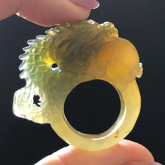 Xiu Jade Hand Carved Spraying Fire Dragon Ring 17.8mm (US 6 3/4) : Natural Serpentine Tri-colour Yellow Green White Jade Statement ring | 3D Stone Carving Band Ring gift for her green jade carving yellow jade white jade multicolour jade dragon carving hand engraved statement ring hand carved flower natural untreated jade handcrafted jade ring hallow out style Gemstone Carving dragon Lover gift jade cocktail ring jade band ring thumb ring handcrafted jade cocktail ring stackable ring women