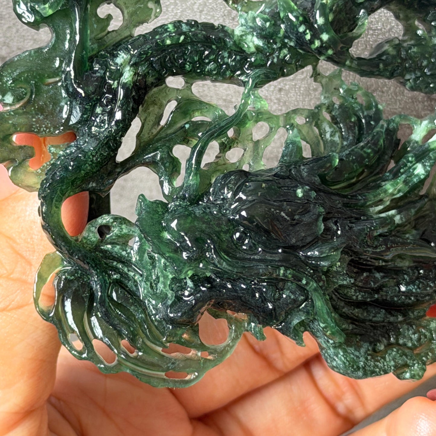 Xiu Jade Dragon Hand Carved Hair Crown: Natural Serpentine Ice Deep Green Jade Handcrafted Hair Stick Hollow Out Carving | Asian Vintage Hair Fork gift for her dragon carving hand engraved dragon hair stick green jade carving dragon hair fork chinese jade with certificate dragon lover gift korean hair pin japanese hair stick hair fork hair comb hanfu hair stick with certificate handcrafted jade 3D stone carving bridal headpiece wedding hair jewelry untreated jade bridal shower gift
