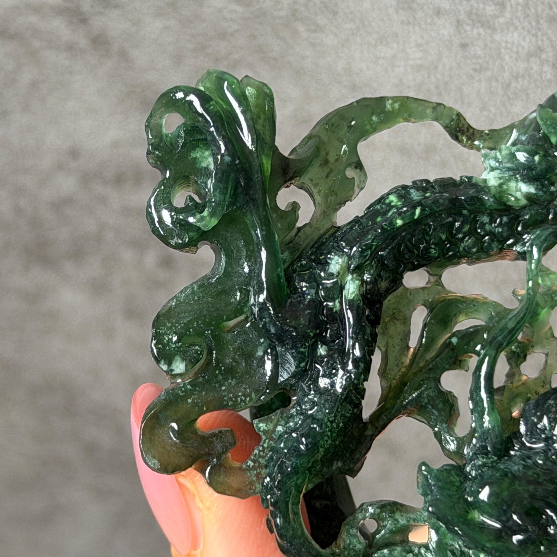 Xiu Jade Dragon Hand Carved Hair Crown: Natural Serpentine Ice Deep Green Jade Handcrafted Hair Stick Hollow Out Carving | Asian Vintage Hair Fork gift for her dragon carving hand engraved dragon hair stick green jade carving dragon hair fork chinese jade with certificate dragon lover gift korean hair pin japanese hair stick hair fork hair comb hanfu hair stick with certificate handcrafted jade 3D stone carving bridal headpiece wedding hair jewelry untreated jade bridal shower gift