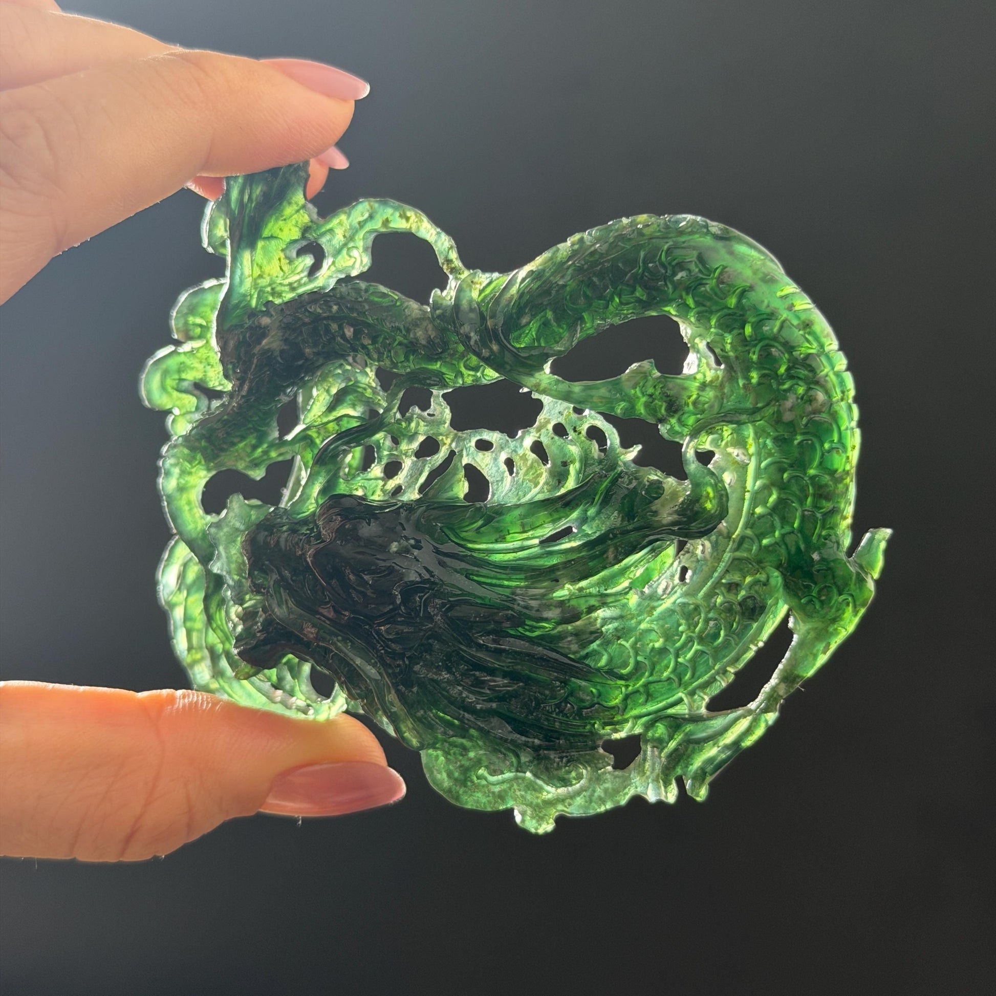 Xiu Jade Dragon Hand Carved Hair Crown: Natural Serpentine Ice Deep Green Jade Handcrafted Hair Stick Hollow Out Carving | Asian Vintage Hair Fork gift for her dragon carving hand engraved dragon hair stick green jade carving dragon hair fork chinese jade with certificate dragon lover gift korean hair pin japanese hair stick hair fork hair comb hanfu hair stick with certificate handcrafted jade 3D stone carving bridal headpiece wedding hair jewelry untreated jade bridal shower gift
