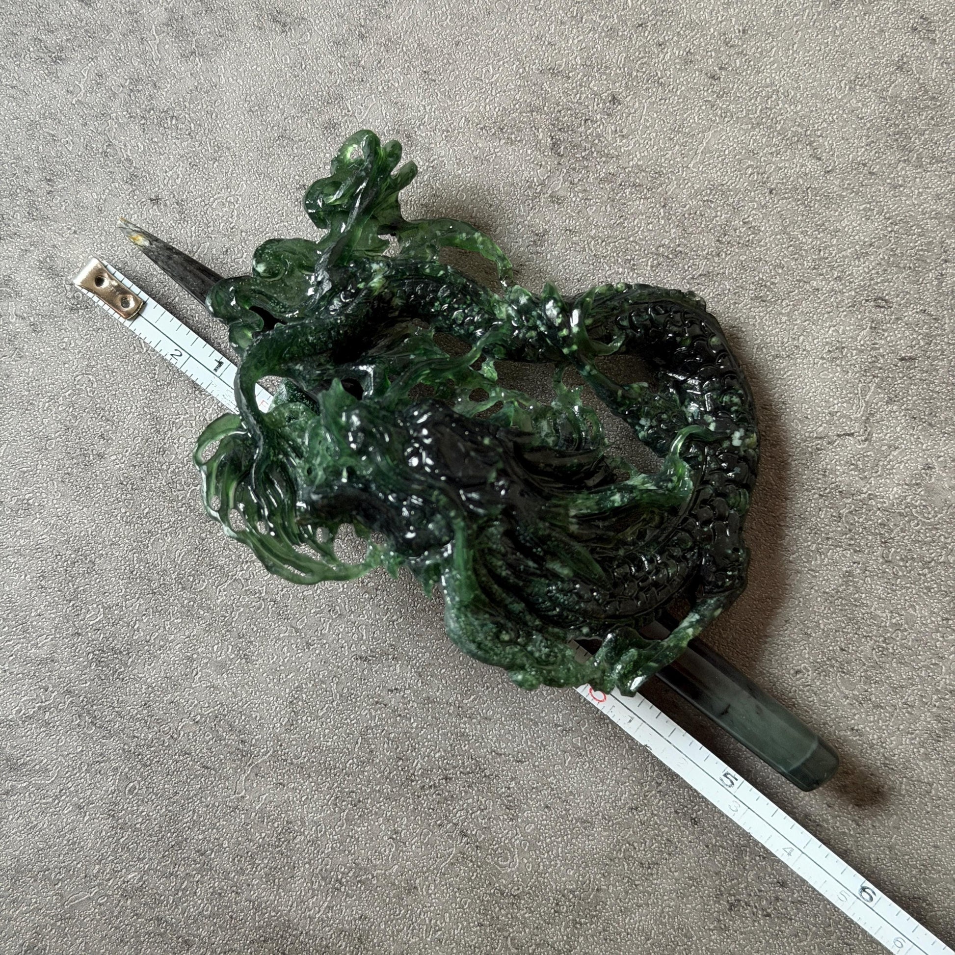 Xiu Jade Dragon Hand Carved Hair Crown: Natural Serpentine Ice Deep Green Jade Handcrafted Hair Stick Hollow Out Carving | Asian Vintage Hair Fork gift for her dragon carving hand engraved dragon hair stick green jade carving dragon hair fork chinese jade with certificate dragon lover gift korean hair pin japanese hair stick hair fork hair comb hanfu hair stick with certificate handcrafted jade 3D stone carving bridal headpiece wedding hair jewelry untreated jade bridal shower gift