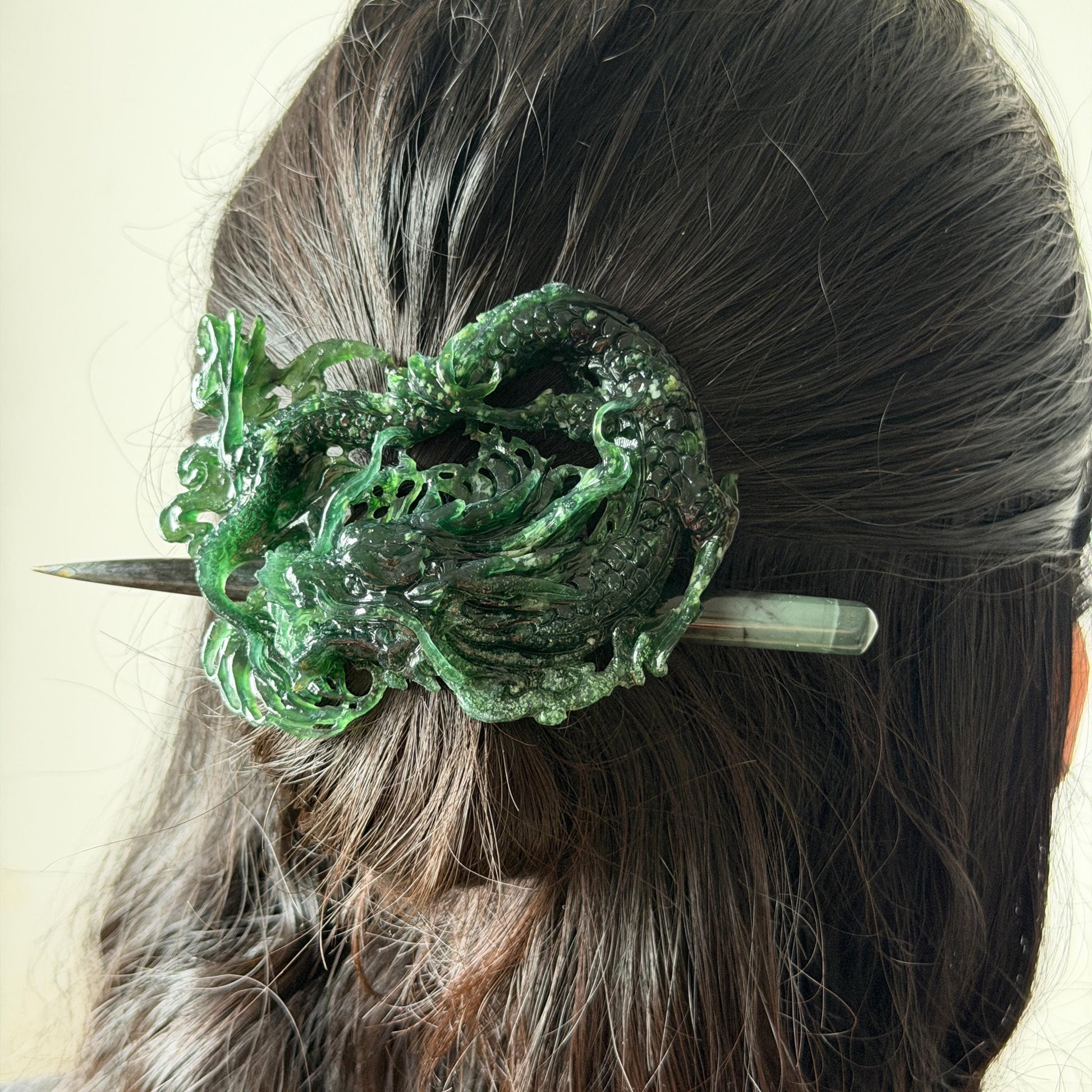 Xiu Jade Dragon Hand Carved Hair Crown: Natural Serpentine Ice Deep Green Jade Handcrafted Hair Stick Hollow Out Carving | Asian Vintage Hair Fork gift for her dragon carving hand engraved dragon hair stick green jade carving dragon hair fork chinese jade with certificate dragon lover gift korean hair pin japanese hair stick hair fork hair comb hanfu hair stick with certificate handcrafted jade 3D stone carving bridal headpiece wedding hair jewelry untreated jade bridal shower gift