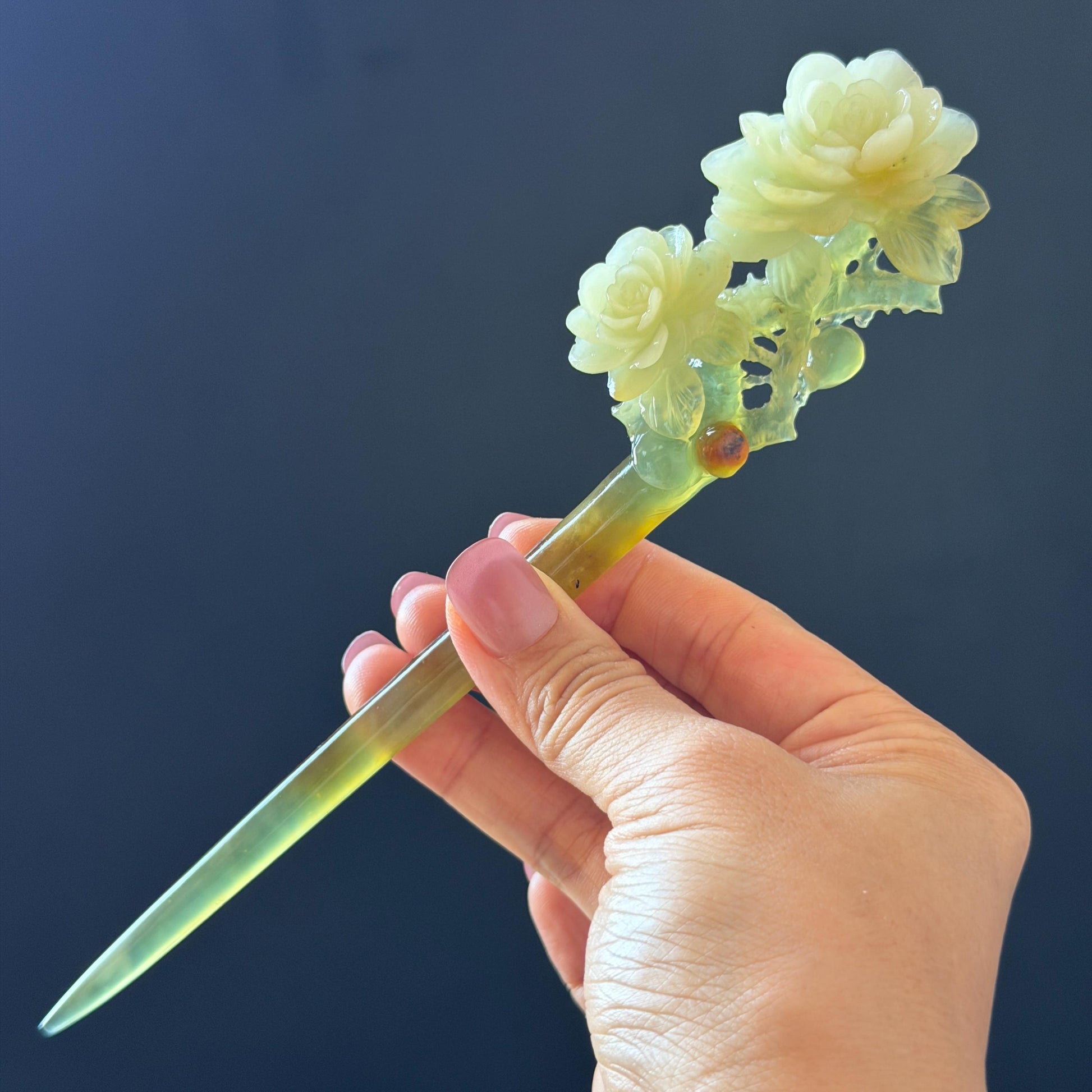 Xiu Jade Hand Carved Camellia Flower Hair Pin: Certified Natural Serpentine Multicolor Orange White Green Jade Handcrafted Hair Stick | Asian Vintage Hair Fork 3D stone carving Hair Jewelry | Chinese Hanfu Hair Fork gift for her green jade carving white jade orange jade flower carving camellia carving hand engraved hairpins japanese hair stick korean hair pins hair fork hair comb antique hairpins wedding headpiece engagement hair jewelry bridal shower gift bridal hair accessory  asian hair crown