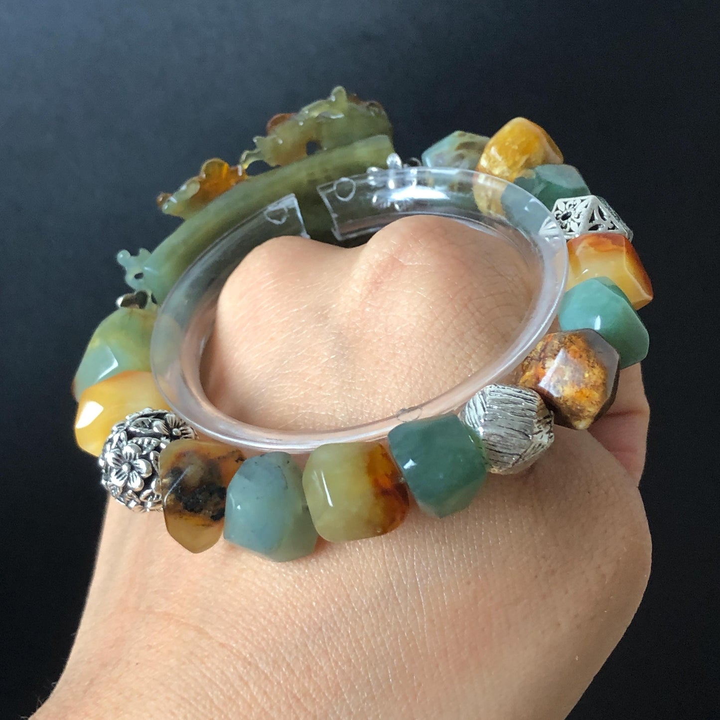 Xiu Jade Magpie Birds Plum Blossom Flower Hand Carved Charm with Irregular Bead Stretch Elastic Bracelet : Natural Serpentine Multicolor jade Yellow Green Yellow Jade with Vintage Tibetan Silver | Handcrafted Crystal Stone Gemstone Gift for her  Blue Jade Carving Green Jade Yellow Jade Brown Jewelry diy bracelet ntreated jade engraved  bird charm big bead elastic stretch bracelet 3D stone carving personalized bracelet personalised gift customized bracelet tailor made bird lover gift