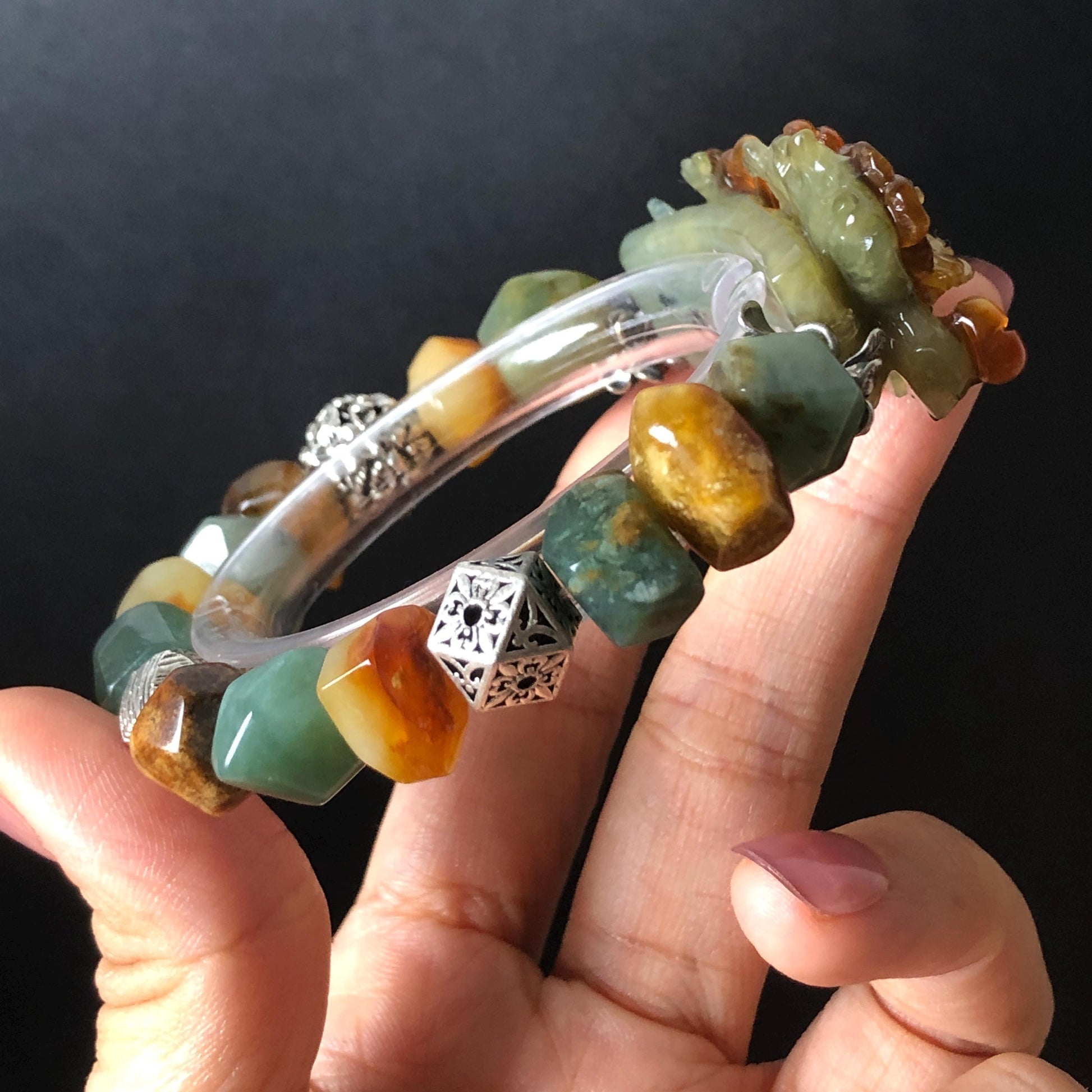 Xiu Jade Magpie Birds Plum Blossom Flower Hand Carved Charm with Irregular Bead Stretch Elastic Bracelet : Natural Serpentine Multicolor jade Yellow Green Yellow Jade with Vintage Tibetan Silver | Handcrafted Crystal Stone Gemstone Gift for her  Blue Jade Carving Green Jade Yellow Jade Brown Jewelry diy bracelet ntreated jade engraved  bird charm big bead elastic stretch bracelet 3D stone carving personalized bracelet personalised gift customized bracelet tailor made bird lover gift