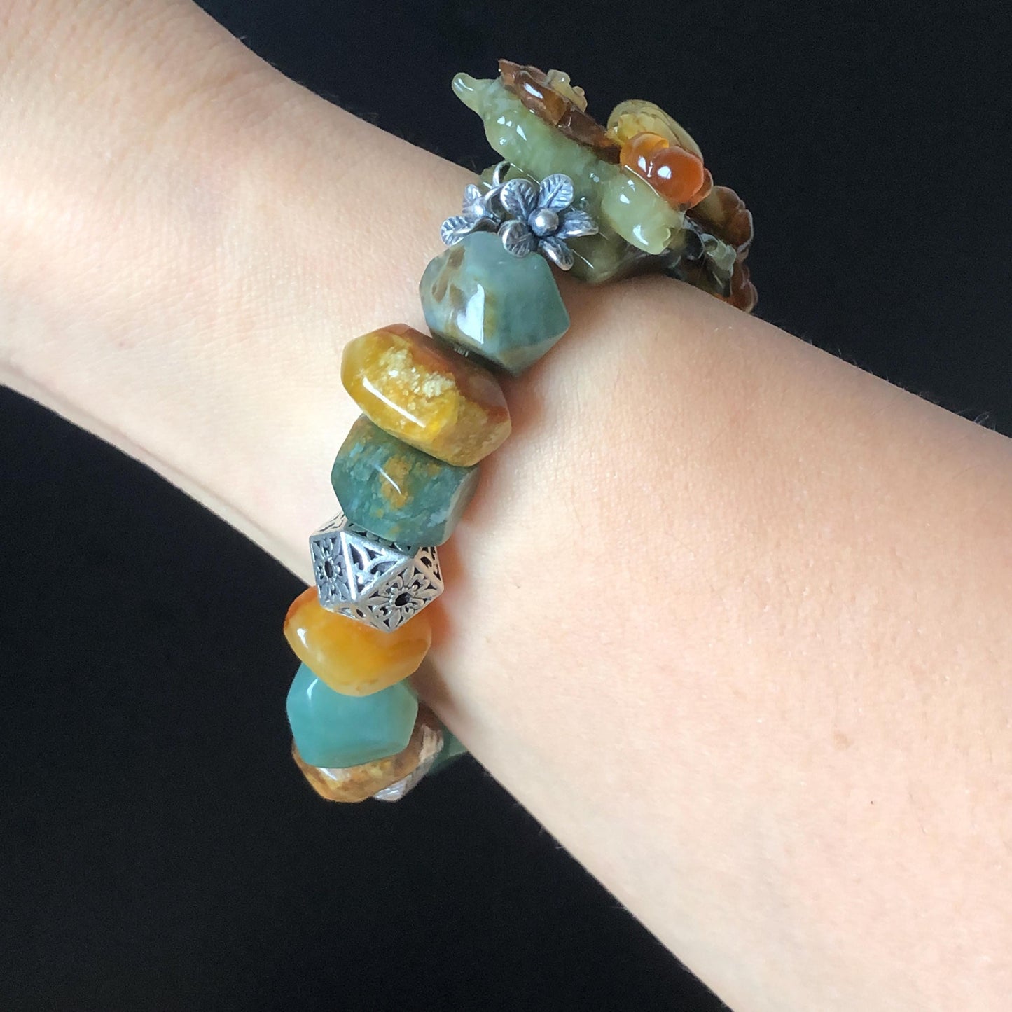 Xiu Jade Magpie Birds Plum Blossom Flower Hand Carved Charm with Irregular Bead Stretch Elastic Bracelet : Natural Serpentine Multicolor jade Yellow Green Yellow Jade with Vintage Tibetan Silver | Handcrafted Crystal Stone Gemstone Gift for her  Blue Jade Carving Green Jade Yellow Jade Brown Jewelry diy bracelet ntreated jade engraved  bird charm big bead elastic stretch bracelet 3D stone carving personalized bracelet personalised gift customized bracelet tailor made bird lover gift