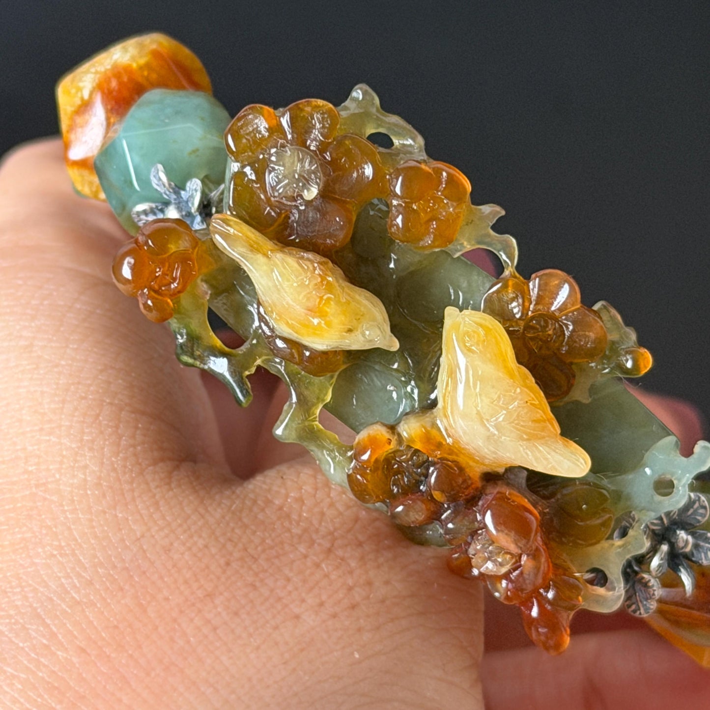 Xiu Jade Magpie Birds Plum Blossom Flower Hand Carved Charm with Irregular Bead Stretch Elastic Bracelet : Natural Serpentine Multicolor jade Yellow Green Yellow Jade with Vintage Tibetan Silver | Handcrafted Crystal Stone Gemstone Gift for her  Blue Jade Carving Green Jade Yellow Jade Brown Jewelry diy bracelet ntreated jade engraved  bird charm big bead elastic stretch bracelet 3D stone carving personalized bracelet personalised gift customized bracelet tailor made bird lover gift