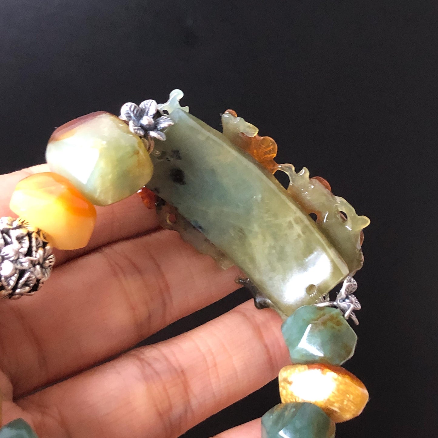Xiu Jade Magpie Birds Plum Blossom Flower Hand Carved Charm with Irregular Bead Stretch Elastic Bracelet : Natural Serpentine Multicolor jade Yellow Green Yellow Jade with Vintage Tibetan Silver | Handcrafted Crystal Stone Gemstone Gift for her  Blue Jade Carving Green Jade Yellow Jade Brown Jewelry diy bracelet ntreated jade engraved  bird charm big bead elastic stretch bracelet 3D stone carving personalized bracelet personalised gift customized bracelet tailor made bird lover gift
