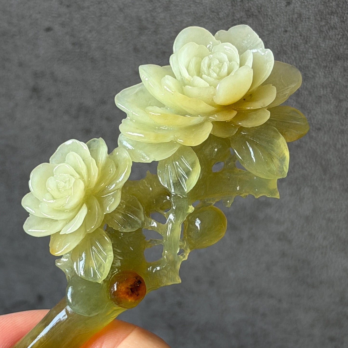 Xiu Jade Hand Carved Camellia Flower Hair Pin: Certified Natural Serpentine Multicolor Orange White Green Jade Handcrafted Hanfu Hair Stick