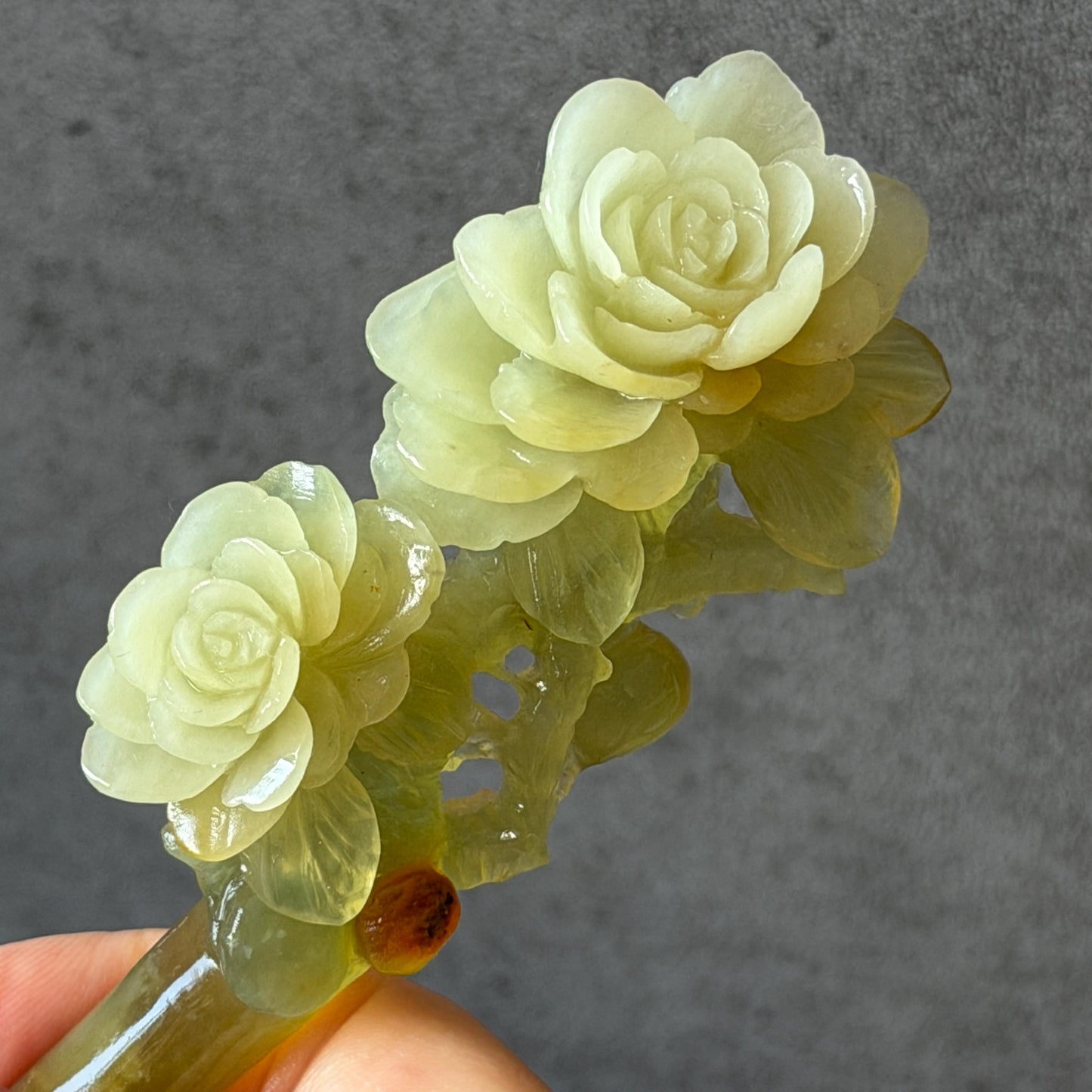 Xiu Jade Hand Carved Camellia Flower Hair Pin: Certified Natural Serpentine Multicolor Orange White Green Jade Handcrafted Hanfu Hair Stick