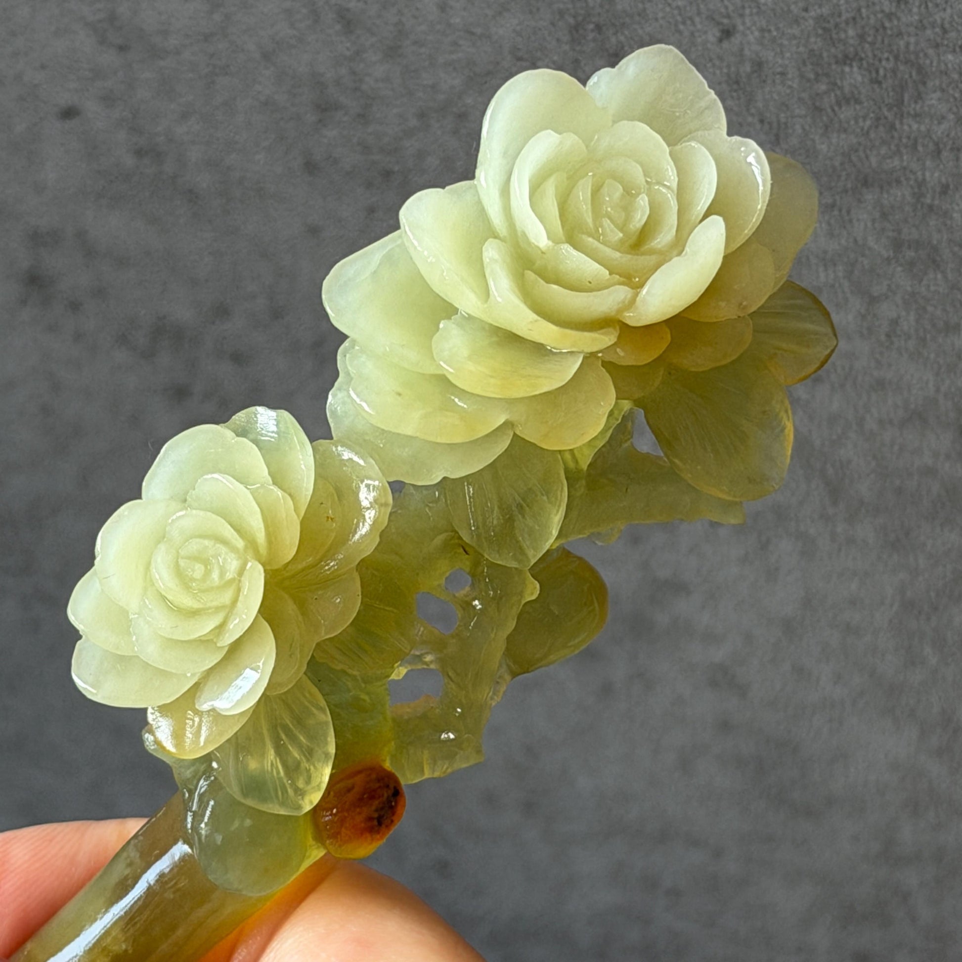 Xiu Jade Hand Carved Camellia Flower Hair Pin: Certified Natural Serpentine Multicolor Orange White Green Jade Handcrafted Hanfu Hair Stick