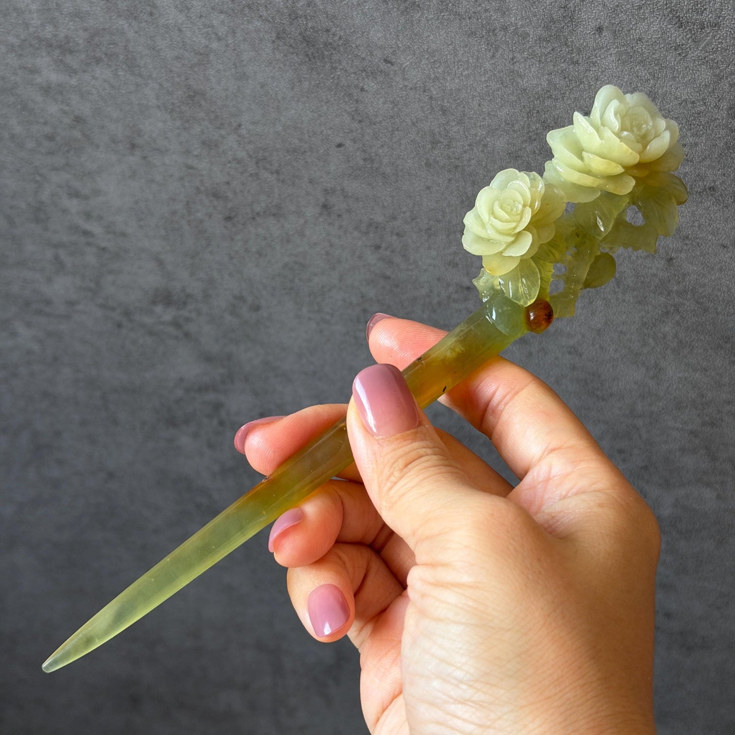 Xiu Jade Hand Carved Camellia Flower Hair Pin: Certified Natural Serpentine Multicolor Orange White Green Jade Handcrafted Hanfu Hair Stick