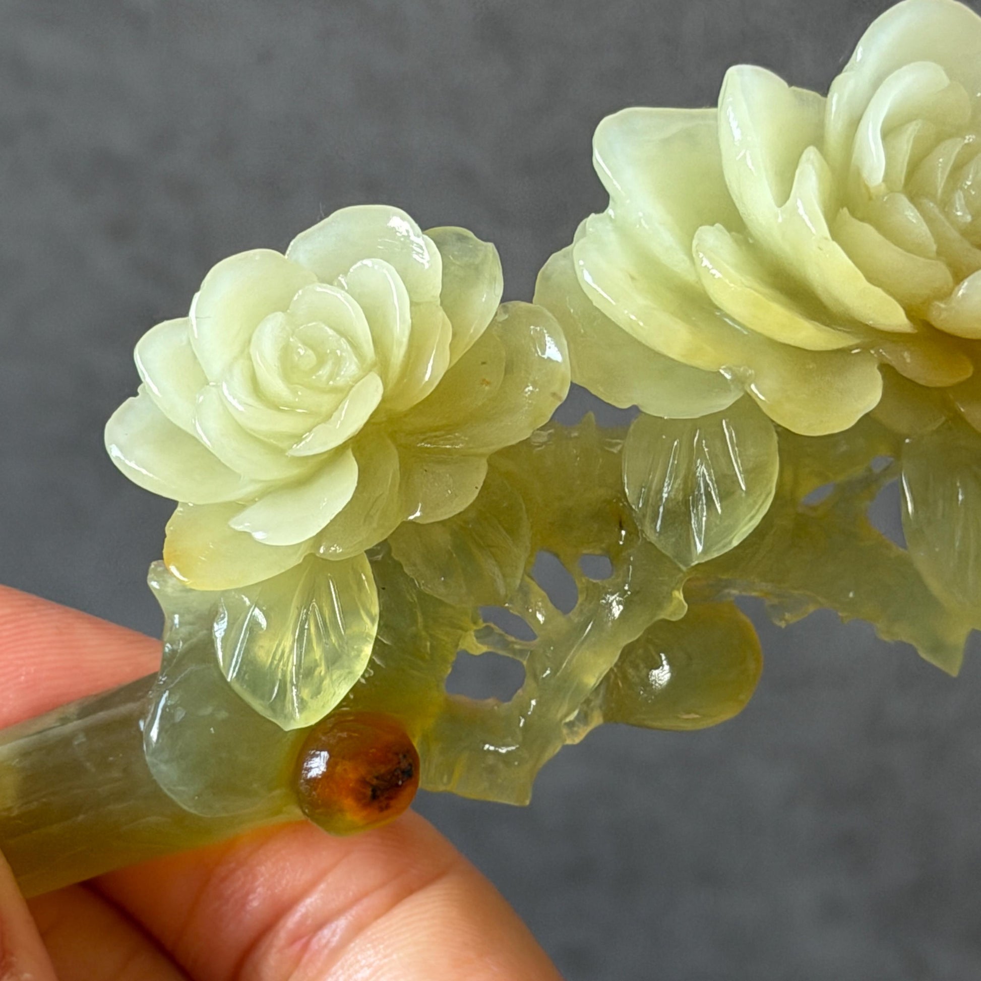 Xiu Jade Hand Carved Camellia Flower Hair Pin: Certified Natural Serpentine Multicolor Orange White Green Jade Handcrafted Hanfu Hair Stick