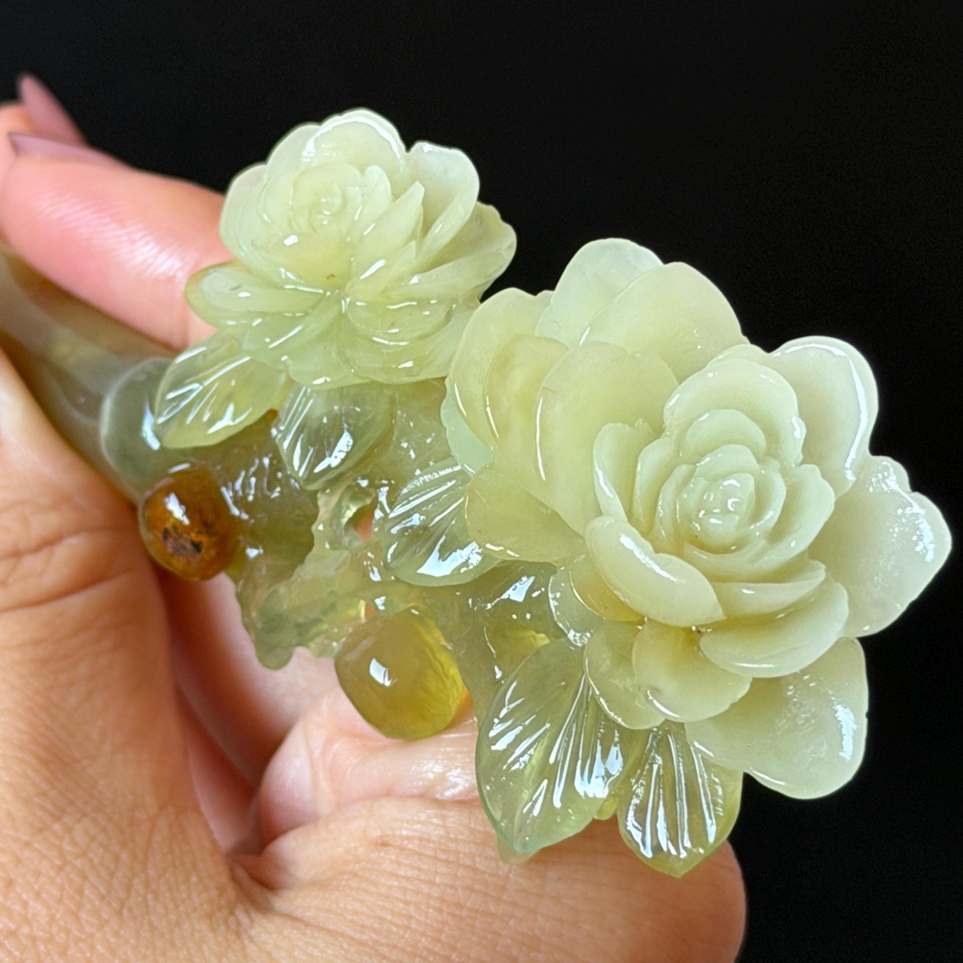 Xiu Jade Hand Carved Camellia Flower Hair Pin: Certified Natural Serpentine Multicolor Orange White Green Jade Handcrafted Hanfu Hair Stick