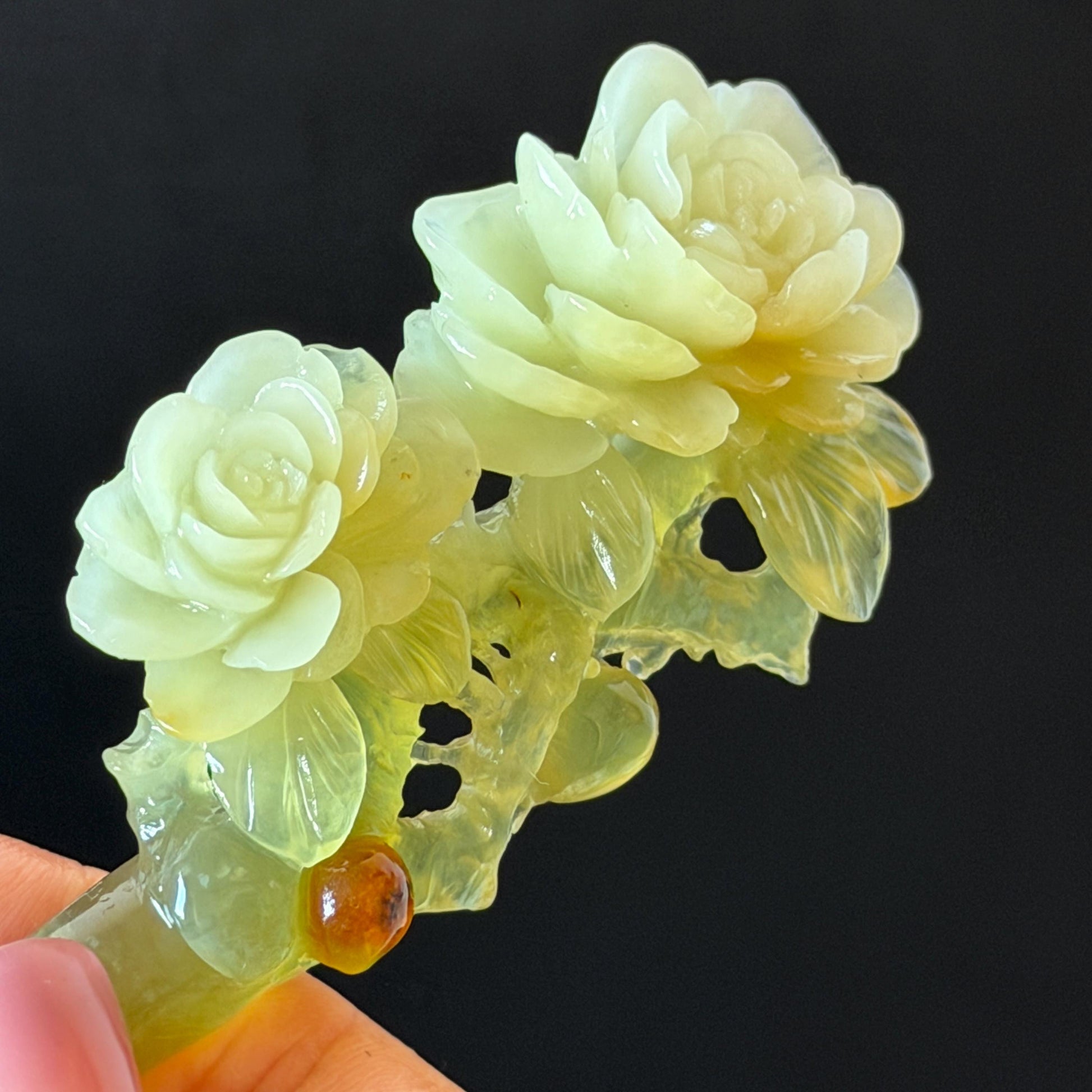 Xiu Jade Hand Carved Camellia Flower Hair Pin: Certified Natural Serpentine Multicolor Orange White Green Jade Handcrafted Hanfu Hair Stick