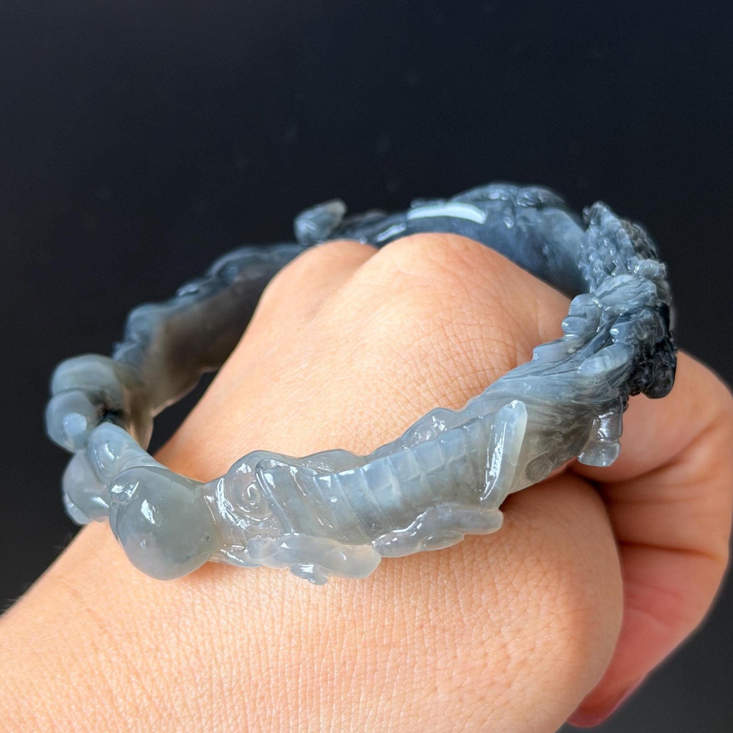 Custom Size 50-70mm! Xiu Jade Qilin Kirin Brings Treasures Hand Carved Bangle: Certified Natural Serpentine Ice grey black white Jade handcrafted Bracelet 3D stone carving Accept Customized order tailor-made bangle customized gift Kirin lover gift for her custom size bangle natural jade with certificate bracelet grey jade certified jade black jade white jade carving hand engraved jewelry carving personalized gift make to order antique bracelet chinese untreated jade birthday gift good fortune