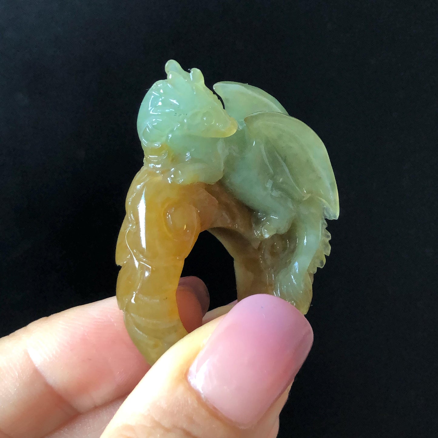Xiu Jade Dragon Hand Carved Ring 17.2mm (US 6 - 6 1/4) : Natural Serpentine Bi-colour Yellow Green Jade Statement Ring 3D Stone Carving Band Ring gift for her green jade carving yellow jade multicolour jade dragon carving hand engraved statement ring hand carved jewelry natural untreated jade handcrafted jade ring hallow out style 3D carving Stone carving Gemstone Carving dragon Lover gift jade cocktail ring jade band ring thumb ring birthday gift
