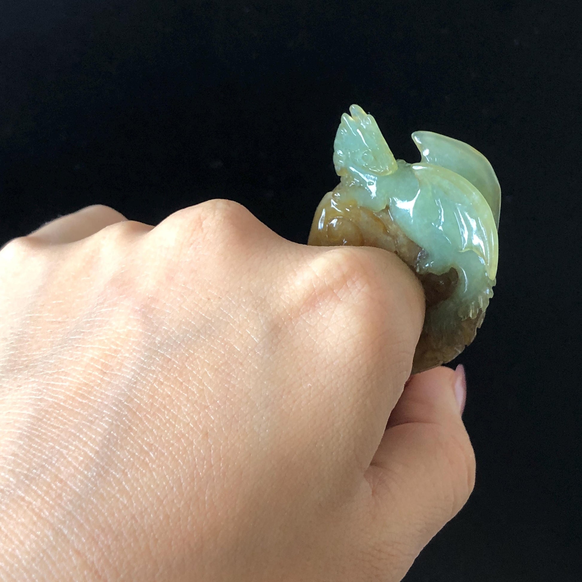 Xiu Jade Dragon Hand Carved Ring 17.2mm (US 6 - 6 1/4) : Natural Serpentine Bi-colour Yellow Green Jade Statement Ring 3D Stone Carving Band Ring gift for her green jade carving yellow jade multicolour jade dragon carving hand engraved statement ring hand carved jewelry natural untreated jade handcrafted jade ring hallow out style 3D carving Stone carving Gemstone Carving dragon Lover gift jade cocktail ring jade band ring thumb ring birthday gift