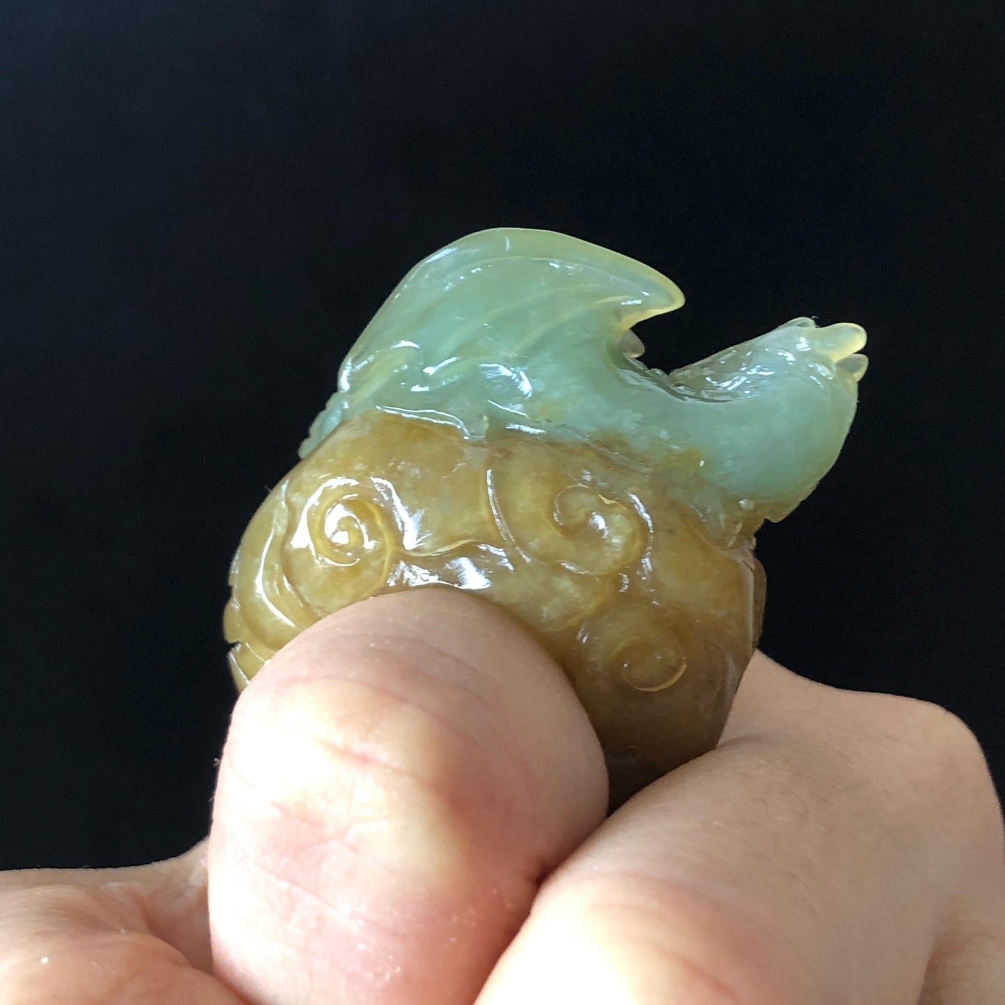 Xiu Jade Dragon Hand Carved Ring 17.2mm (US 6 - 6 1/4) : Natural Serpentine Bi-colour Yellow Green Jade Statement Ring 3D Stone Carving Band Ring gift for her green jade carving yellow jade multicolour jade dragon carving hand engraved statement ring hand carved jewelry natural untreated jade handcrafted jade ring hallow out style 3D carving Stone carving Gemstone Carving dragon Lover gift jade cocktail ring jade band ring thumb ring birthday gift