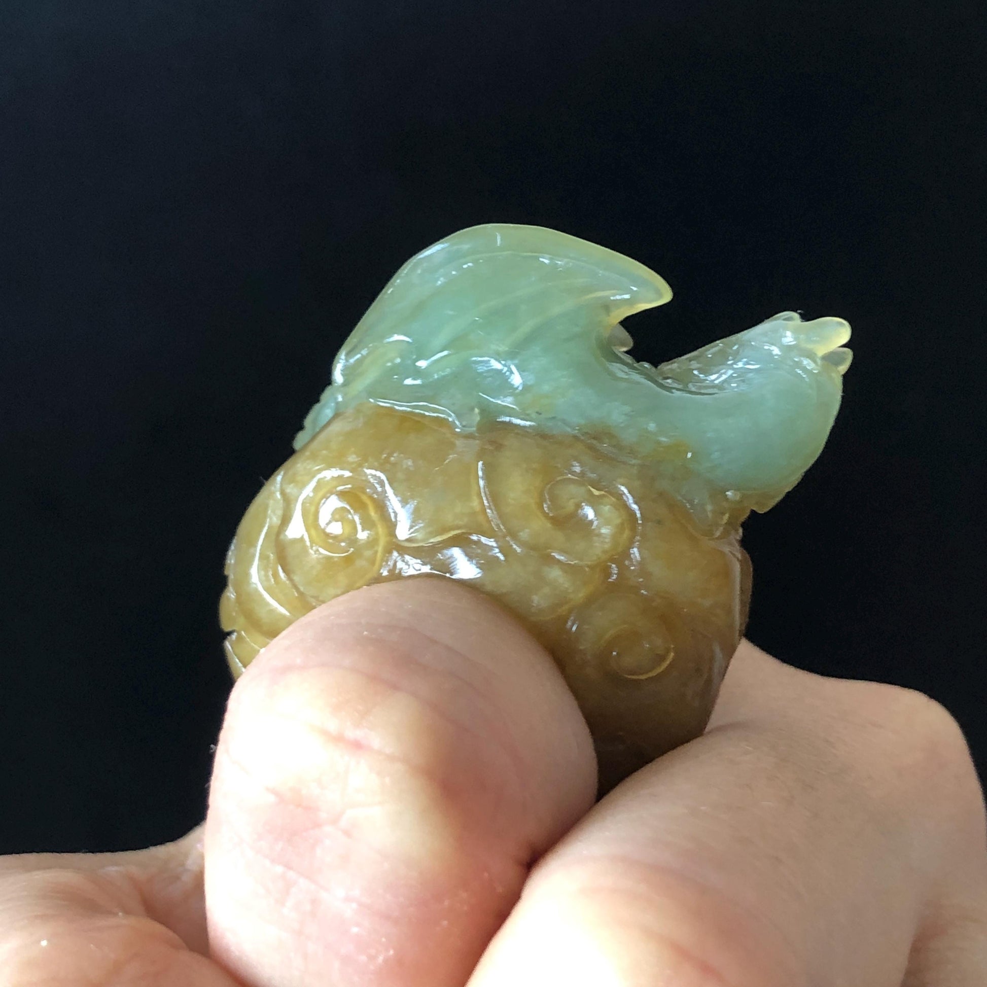 Xiu Jade Dragon Hand Carved Ring 17.2mm (US 6 - 6 1/4) : Natural Serpentine Bi-colour Yellow Green Jade Statement Ring 3D Stone Carving Band Ring gift for her green jade carving yellow jade multicolour jade dragon carving hand engraved statement ring hand carved jewelry natural untreated jade handcrafted jade ring hallow out style 3D carving Stone carving Gemstone Carving dragon Lover gift jade cocktail ring jade band ring thumb ring birthday gift