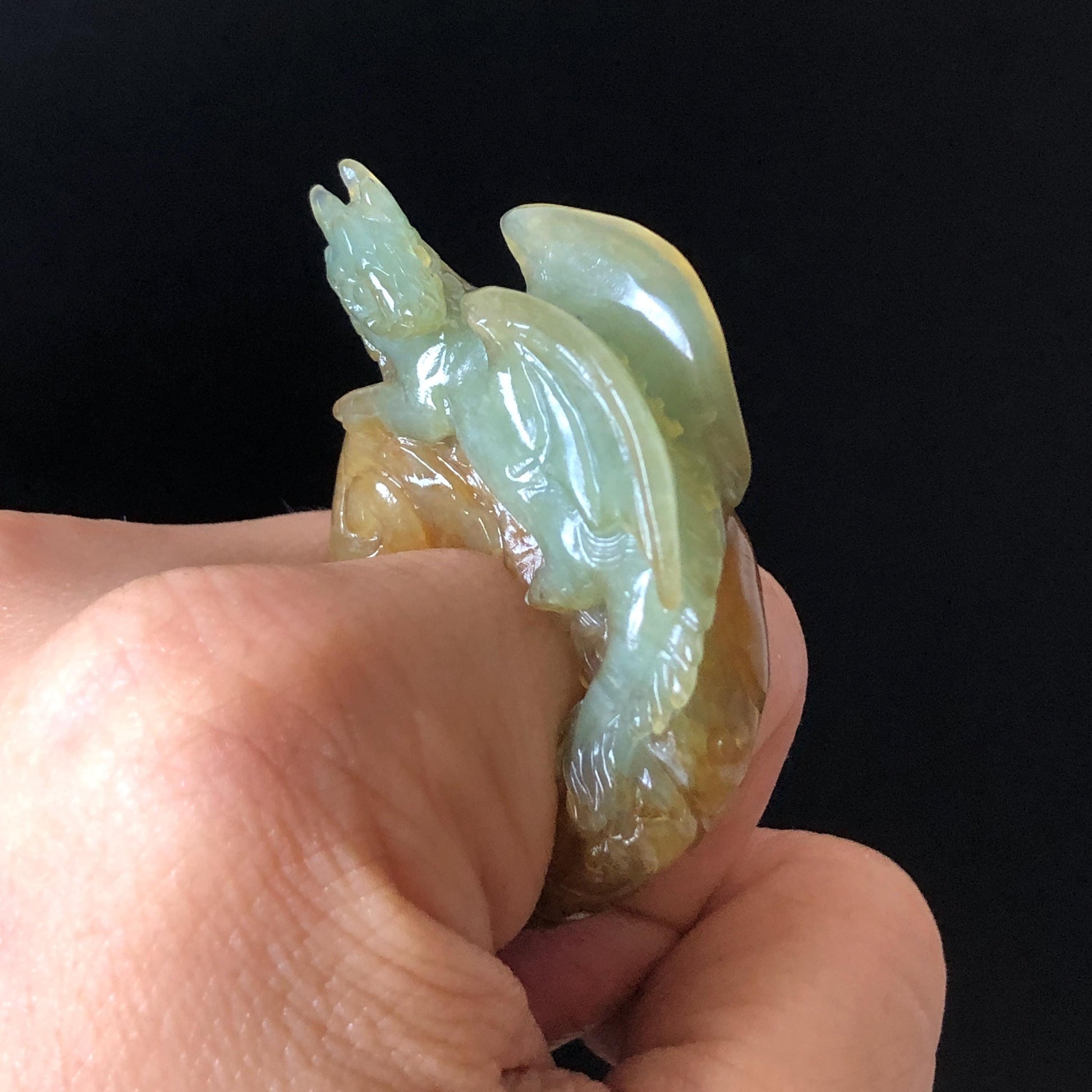 Xiu Jade Dragon Hand Carved Ring 17.2mm (US 6 - 6 1/4) : Natural Serpentine Bi-colour Yellow Green Jade Statement Ring 3D Stone Carving Band Ring gift for her green jade carving yellow jade multicolour jade dragon carving hand engraved statement ring hand carved jewelry natural untreated jade handcrafted jade ring hallow out style 3D carving Stone carving Gemstone Carving dragon Lover gift jade cocktail ring jade band ring thumb ring birthday gift