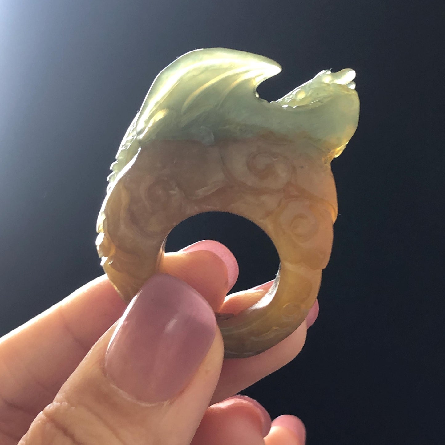 Xiu Jade Dragon Hand Carved Ring 17.2mm (US 6 - 6 1/4) : Natural Serpentine Bi-colour Yellow Green Jade Statement Ring 3D Stone Carving Band Ring gift for her green jade carving yellow jade multicolour jade dragon carving hand engraved statement ring hand carved jewelry natural untreated jade handcrafted jade ring hallow out style 3D carving Stone carving Gemstone Carving dragon Lover gift jade cocktail ring jade band ring thumb ring birthday gift