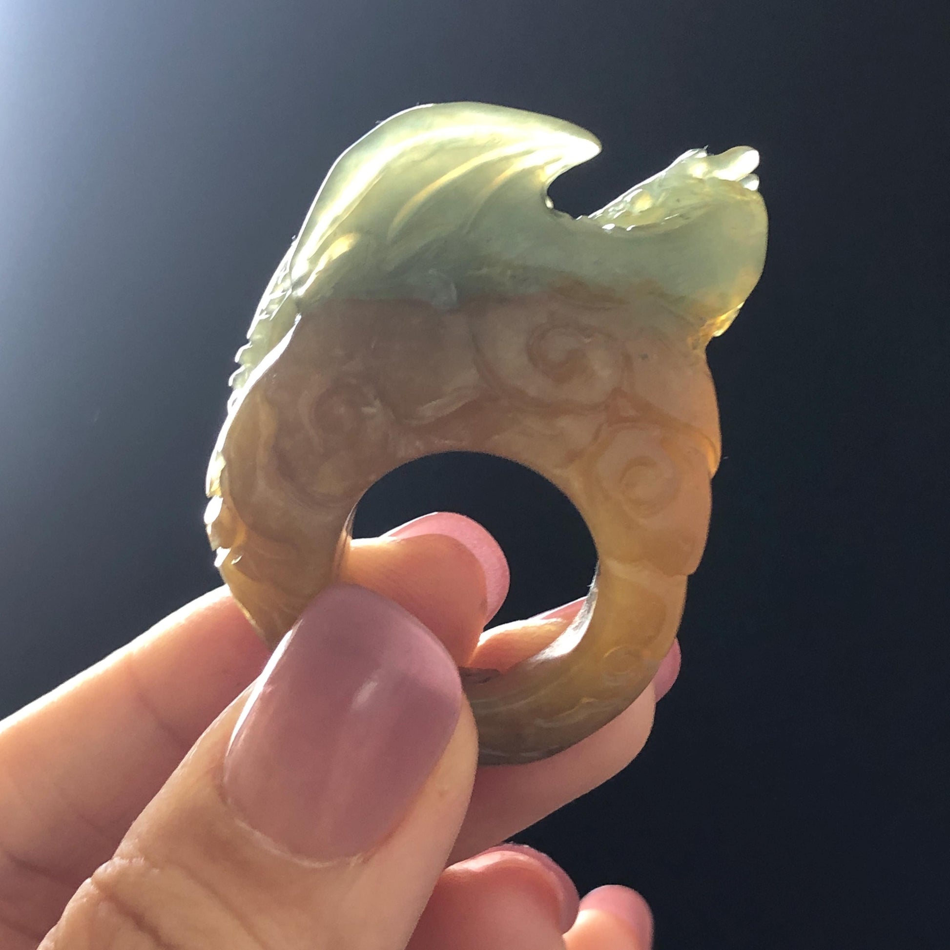 Xiu Jade Dragon Hand Carved Ring 17.2mm (US 6 - 6 1/4) : Natural Serpentine Bi-colour Yellow Green Jade Statement Ring 3D Stone Carving Band Ring gift for her green jade carving yellow jade multicolour jade dragon carving hand engraved statement ring hand carved jewelry natural untreated jade handcrafted jade ring hallow out style 3D carving Stone carving Gemstone Carving dragon Lover gift jade cocktail ring jade band ring thumb ring birthday gift