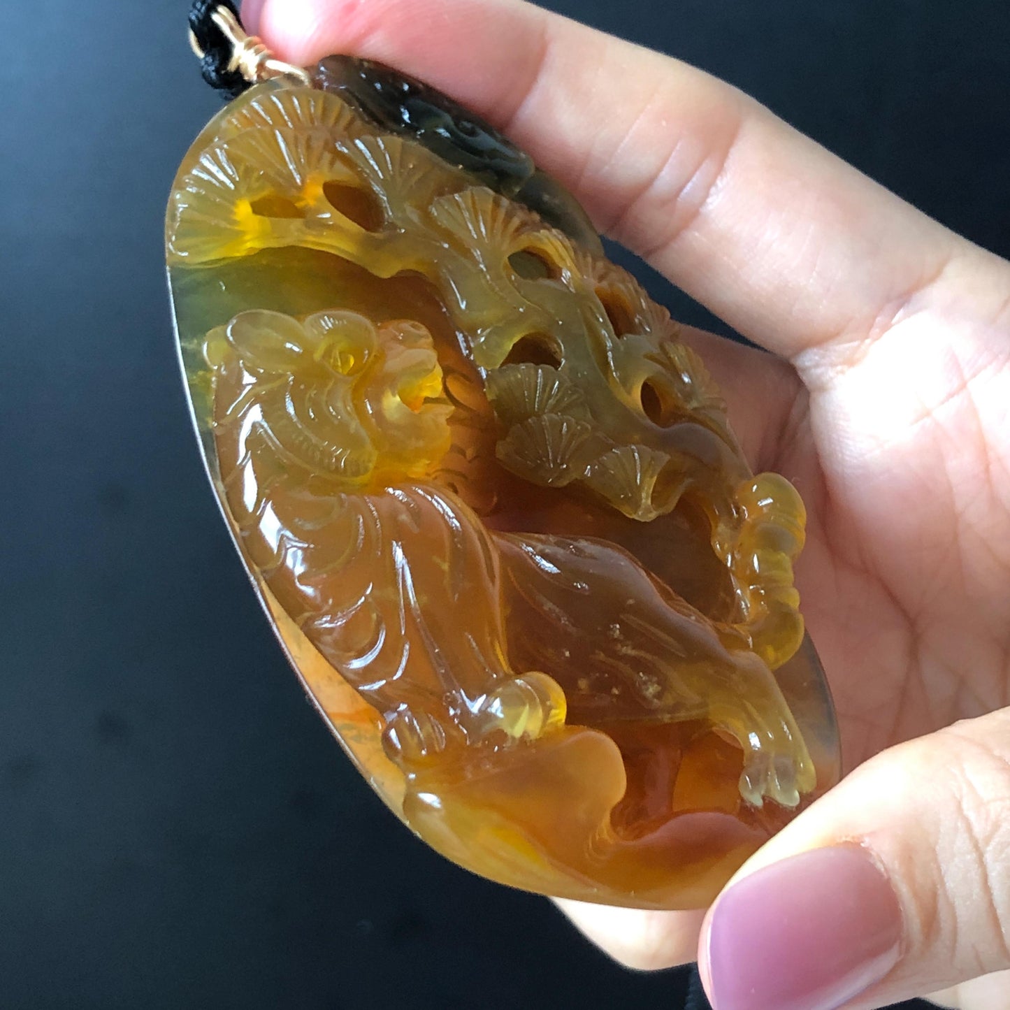 Xiu Jade Tiger in the wood Pine Tree Hand Carved Pendant Adjustable Necklace: Certified Natural Serpentine Bi-color Ice Yellow Green Jade Handcrafted Charm 3D Stone Carving yellow jade carving green jade 3D carving tiger carving pine tree carving tiger pendant animals carving charm adjustable necklace for men choker jade with certificate untreated jade lucky charm tiger lover gift handcrafted jade relief carving birthday gift big pendant huge charm