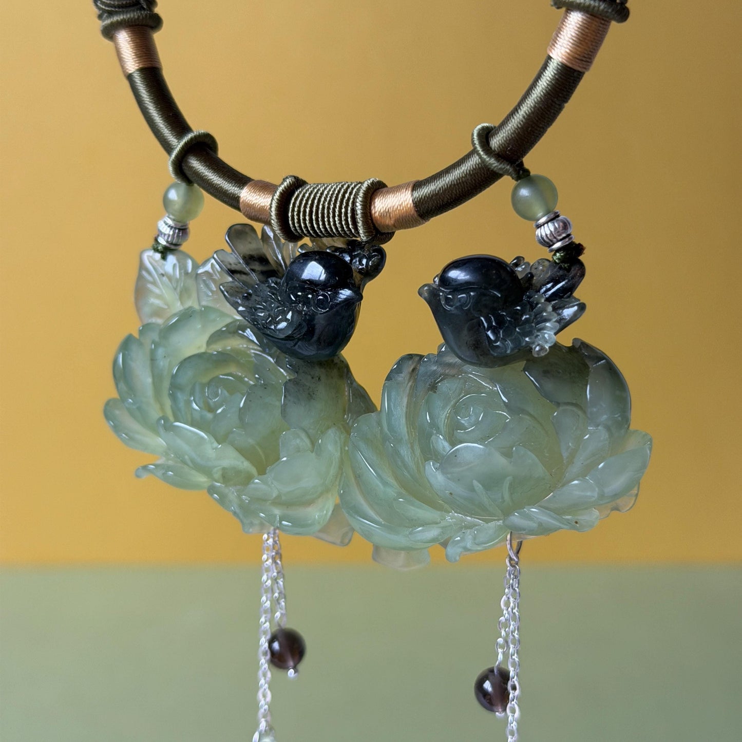 Xiu Jade Magpie Birds and Peony Flower Hand Carved Pendant Adjustable Necklace Choker: Certified Natural Serpentine Black Green Jade Handcrafted Charm | Fortune & Happiness | Stone Crystal Gemstone Jewellery Gift for her, black jade carving green jade carving peony carving flower carving hand engraved peony chinese jade pendant necklace vintage necklace antique necklace certificate jade natural untreated jade certified jade modern necklace bird carving braided necklace dangle wedding gift