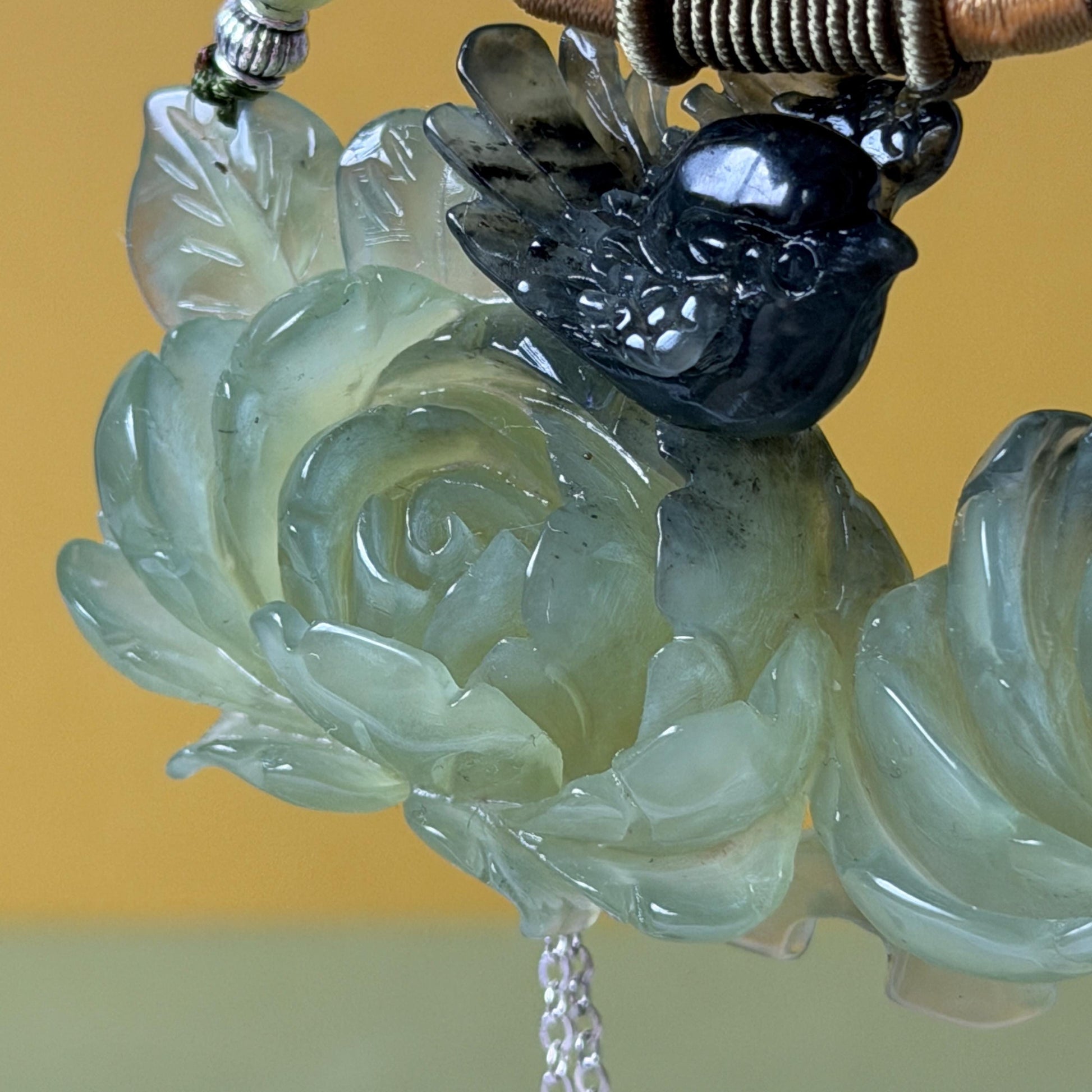 Xiu Jade Magpie Birds and Peony Flower Hand Carved Pendant Adjustable Necklace Choker: Certified Natural Serpentine Black Green Jade Handcrafted Charm | Fortune & Happiness | Stone Crystal Gemstone Jewellery Gift for her, black jade carving green jade carving peony carving flower carving hand engraved peony chinese jade pendant necklace vintage necklace antique necklace certificate jade natural untreated jade certified jade modern necklace bird carving braided necklace dangle wedding gift