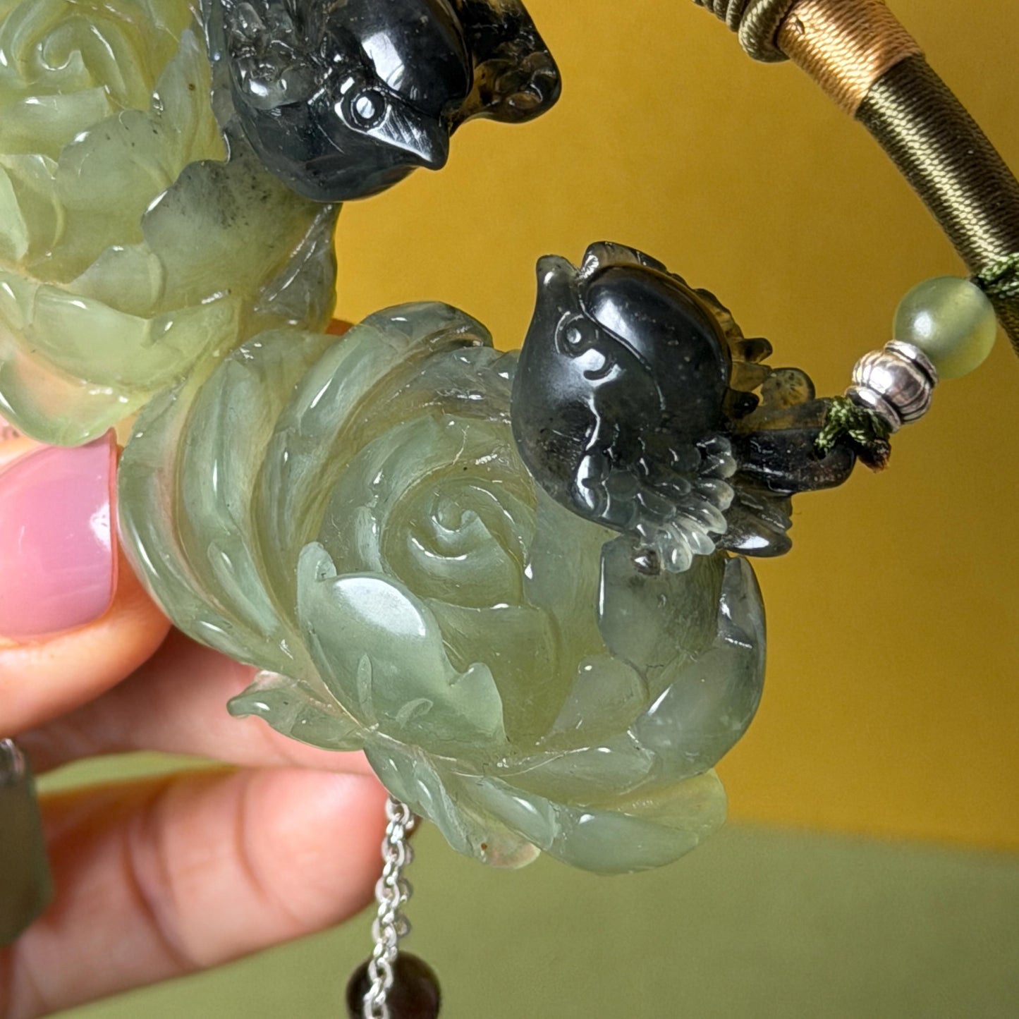 Xiu Jade Magpie Birds and Peony Flower Hand Carved Pendant Adjustable Necklace Choker: Certified Natural Serpentine Black Green Jade Handcrafted Charm | Fortune & Happiness | Stone Crystal Gemstone Jewellery Gift for her, black jade carving green jade carving peony carving flower carving hand engraved peony chinese jade pendant necklace vintage necklace antique necklace certificate jade natural untreated jade certified jade modern necklace bird carving braided necklace dangle wedding gift