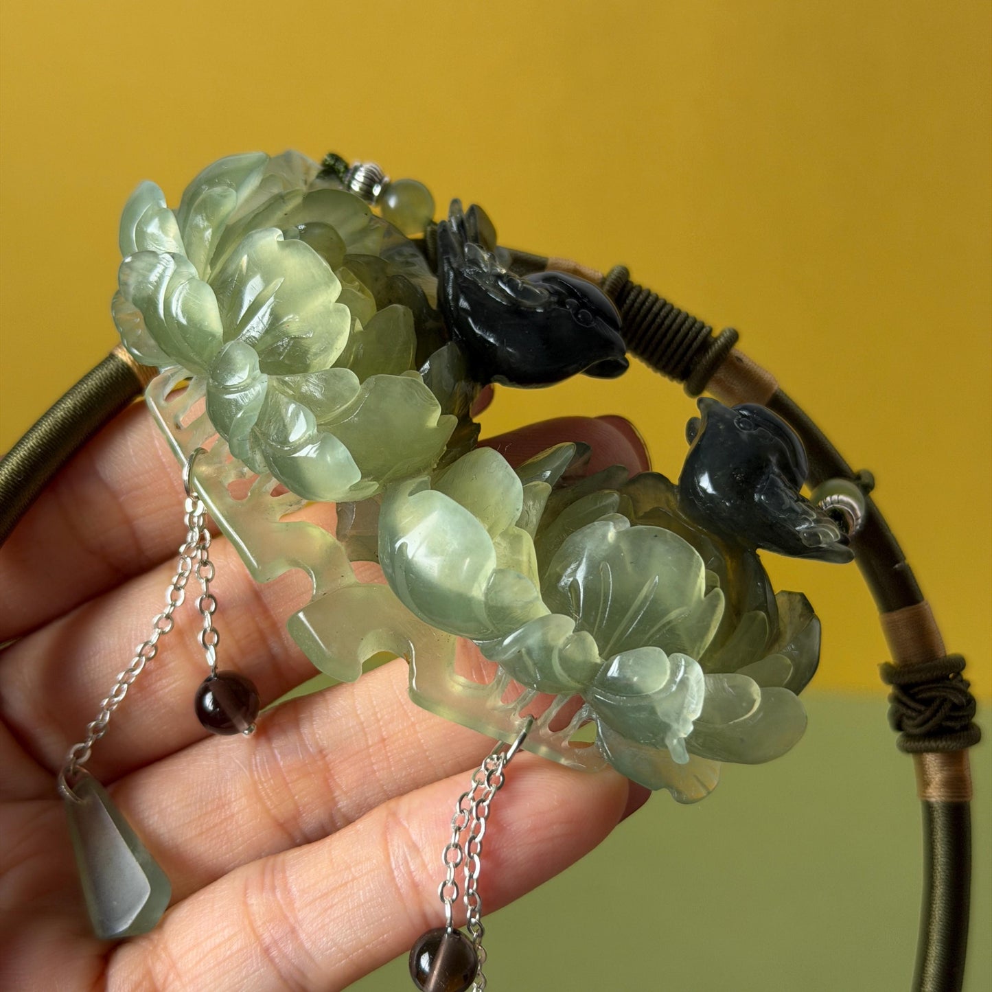 Xiu Jade Magpie Birds and Peony Flower Hand Carved Pendant Adjustable Necklace Choker: Certified Natural Serpentine Black Green Jade Handcrafted Charm | Fortune & Happiness | Stone Crystal Gemstone Jewellery Gift for her, black jade carving green jade carving peony carving flower carving hand engraved peony chinese jade pendant necklace vintage necklace antique necklace certificate jade natural untreated jade certified jade modern necklace bird carving braided necklace dangle wedding gift